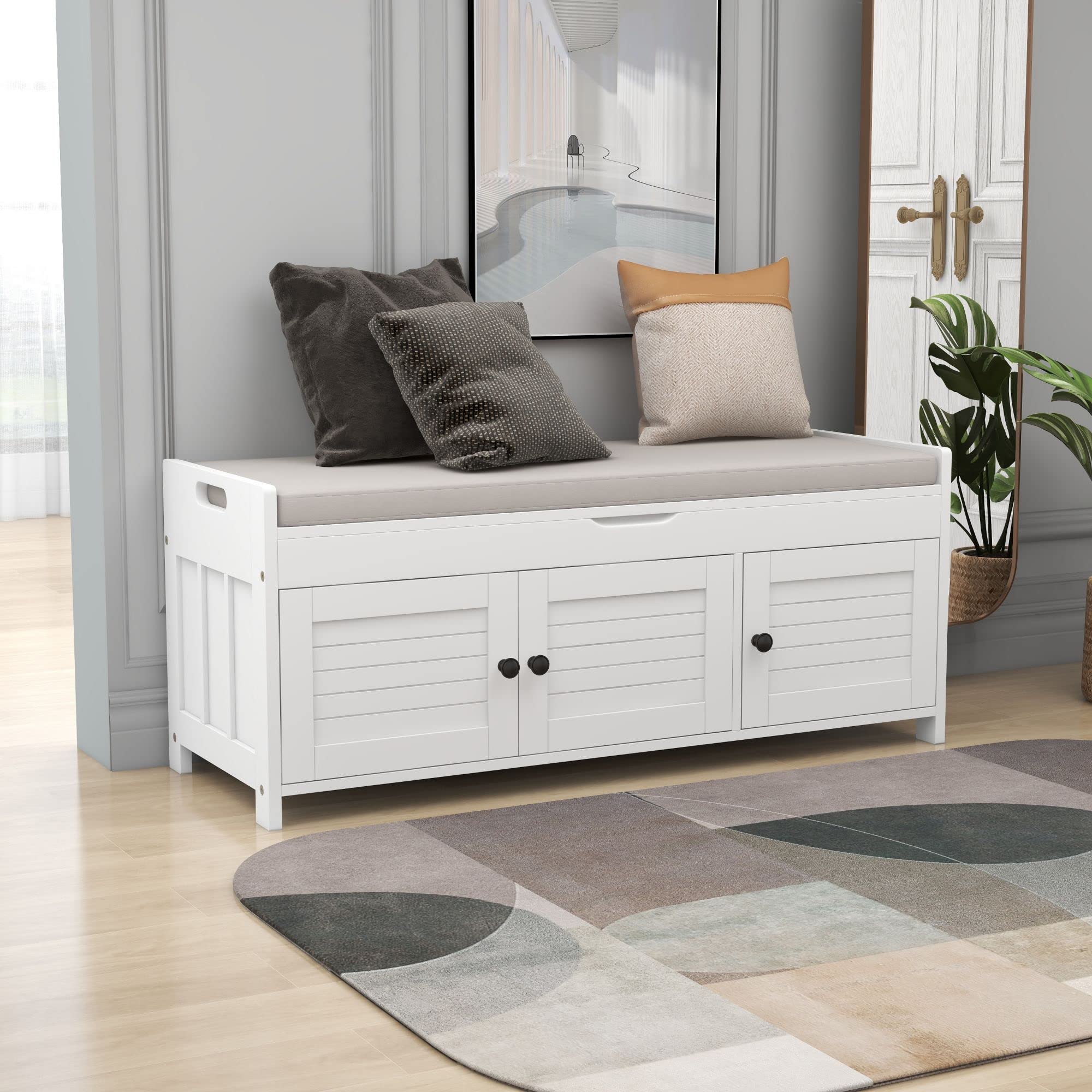 DERCASS Storage Bench with 3 Shutter-Shaped Doors, Shoe Bench with Removable Cushion and Hidden Storage Space for Living Room, Entryway, Hallway (White)