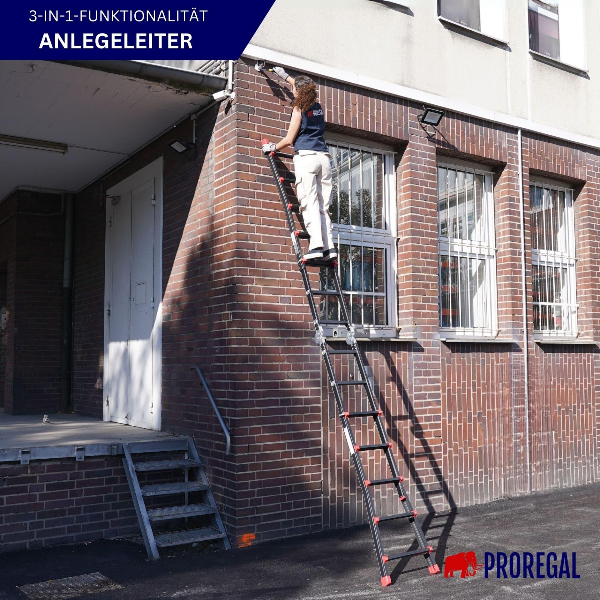 PROREGAL Sprossen-Mehrzweckleiter Apollo 3-in-1 Aluminiumleiter 4x4 Sprossen bis zu 3,7m Höhe Traglast 150kg Schwarz Treppenleiter Klappleiter Teleskopleiter Stehleiter Anlegeleiter