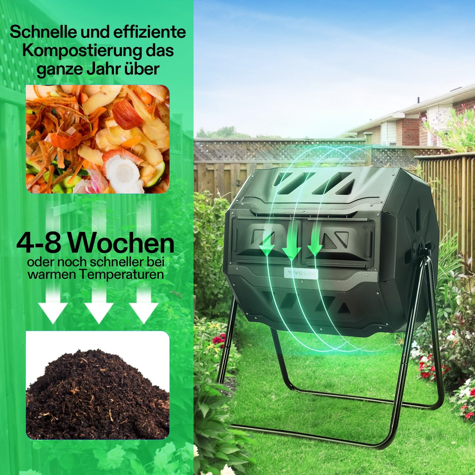 VIVOSUN Trommelkomposter 163L, Drehbarer Schnellkomposter mit 2 Kammern, Robuster Kunststoff Gartenkomposter mit Lüftungsöffnungen & Wasserdichten Gartenhandschuhen für Gartenabfälle