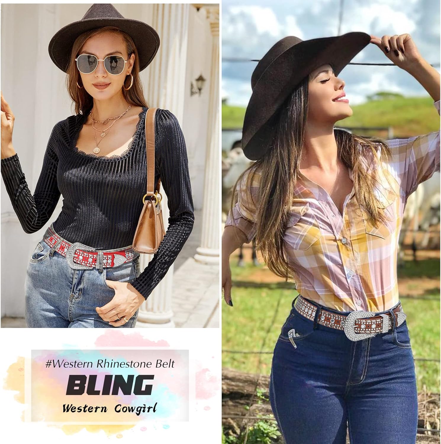 Women Rhinestone Belt Western Style Cowgirl Cowboy Belt with Studded Diamonds for Jeans Dress Eye-catching - Image 8