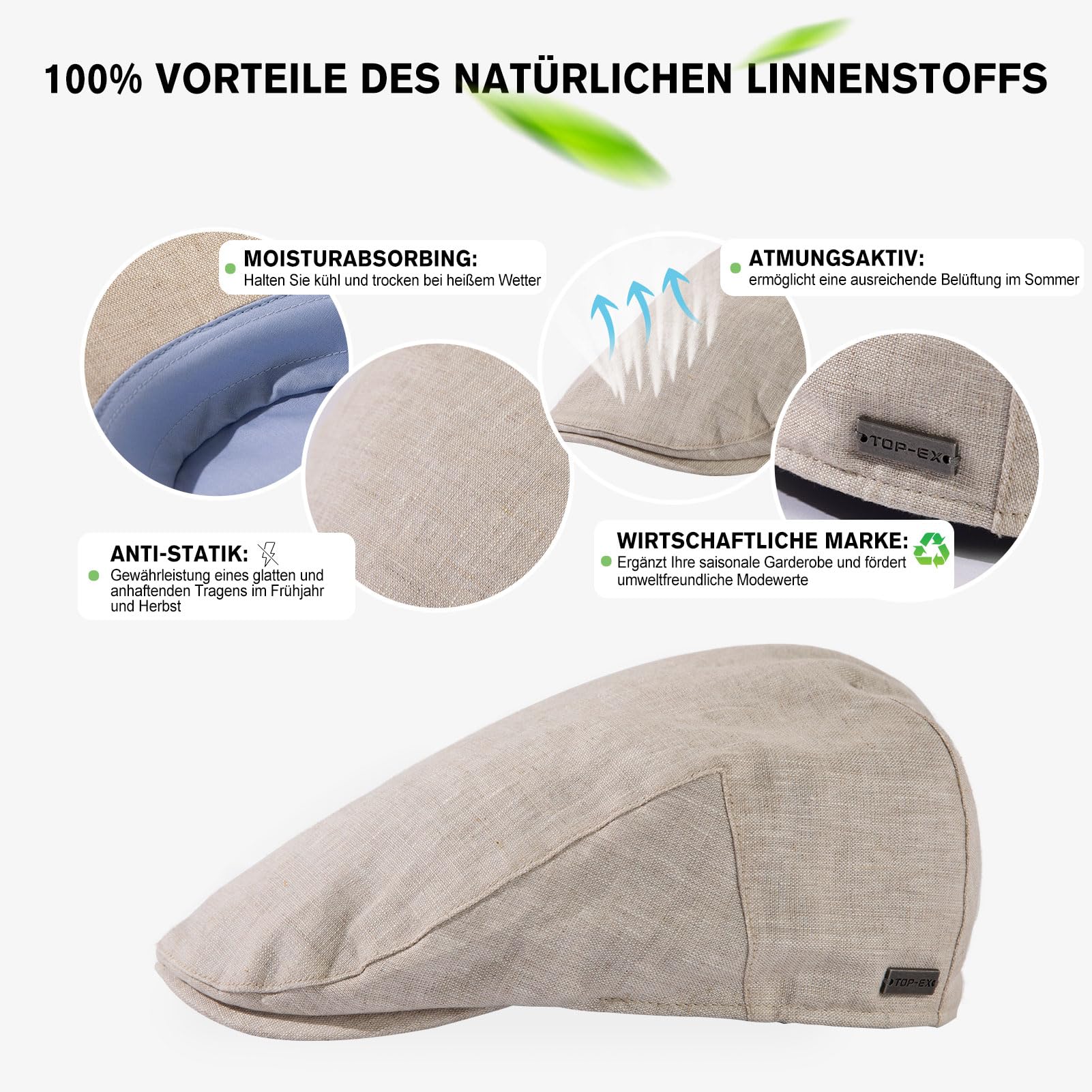 TOP-EX M/L/XL/XXL100% lino gorro de hombre boina de verano gorra de visera Newsboy Cap