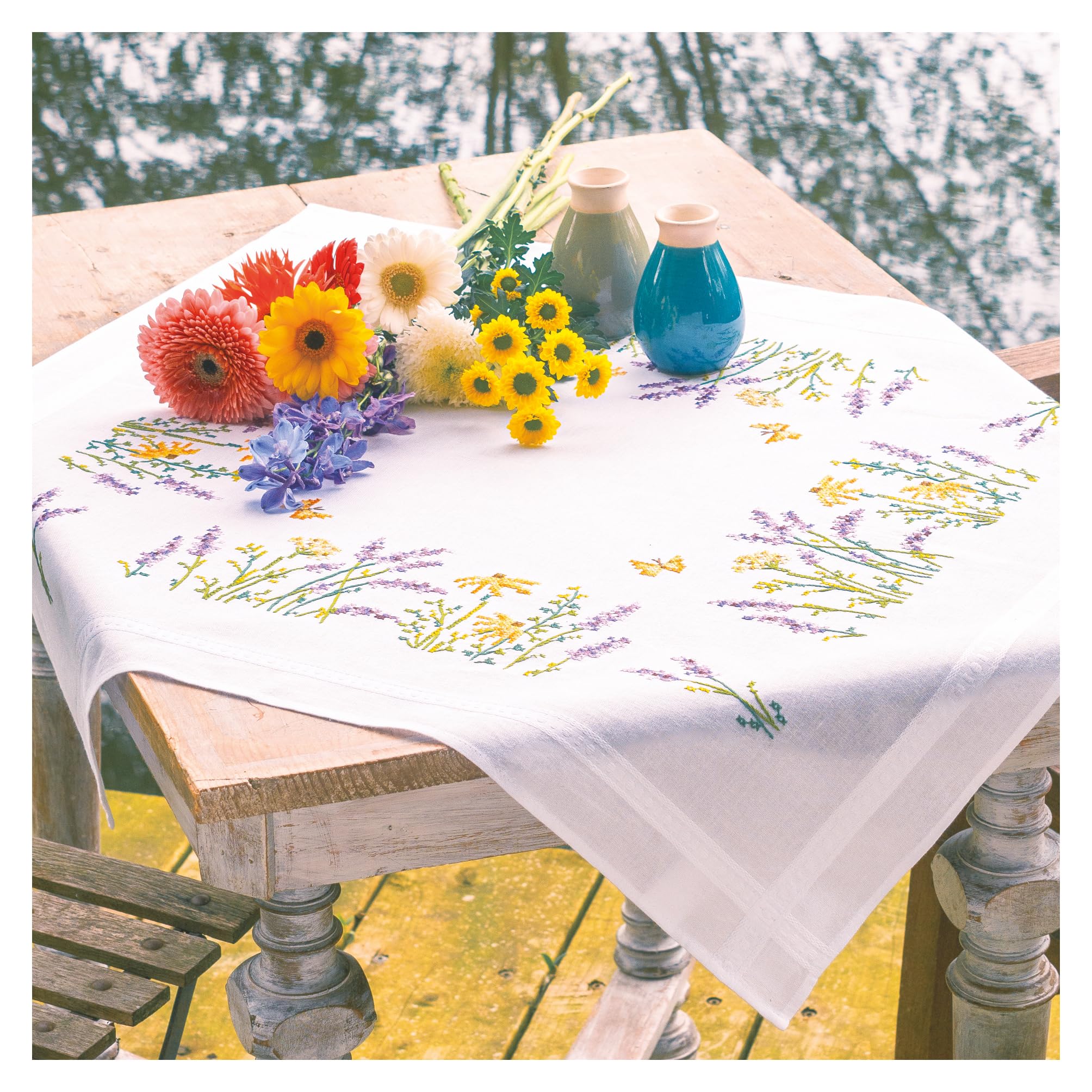 Vervaco Tablecloth for Embroidery Cross Stitch Complete Embroidery Printed Fabric Lavender Decoration for Crafts DIY Adults Set Leisure Creative Gift Approx. 80 x 80 cm Cross Stitch Embroidery