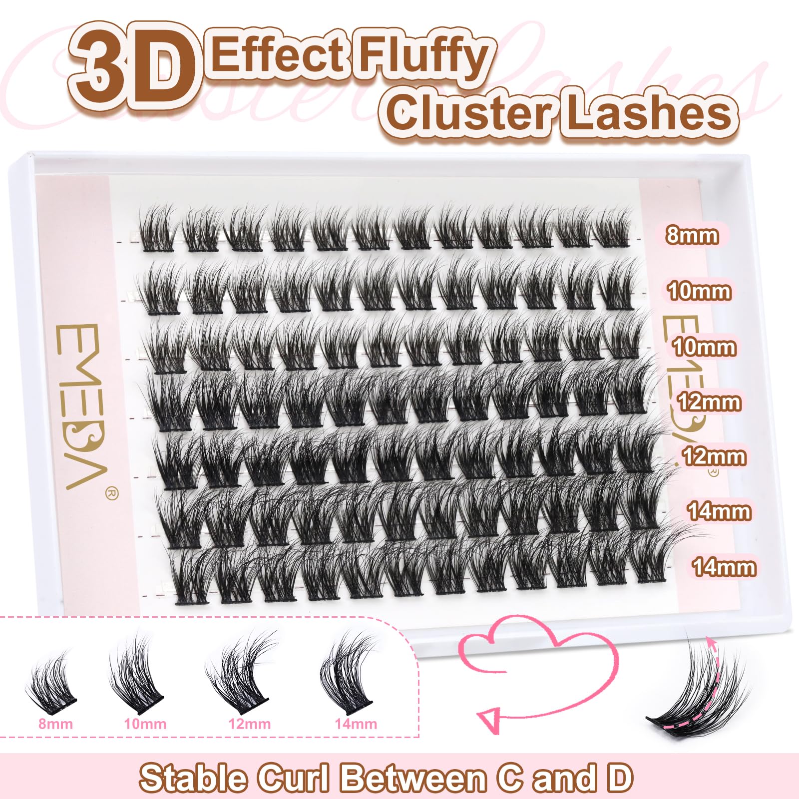 3D Fluffy Lash Clusters Kit EMEDA Individual Wispy Cluster Eyelash Extensions with Bond and Seal Mix 8mm 10mm 12mm 14mm DIY Cluster lashes with Bond and Seal Tweezers (3D-EME333-mix) - Image 2