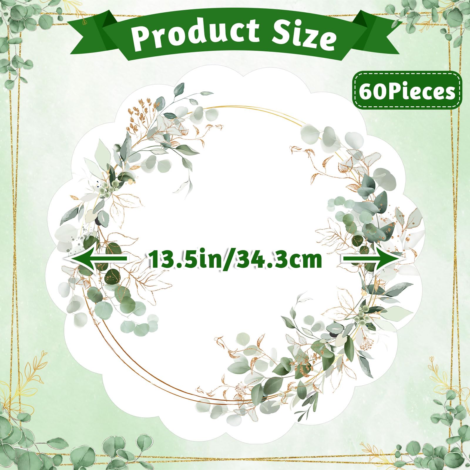 60 manteles individuales de papel de hojas de eucalipto, manteles individuales desechables festoneados de 13.5 pulgadas, manteles individuales de boda, manteles individuales redondos para banquetes