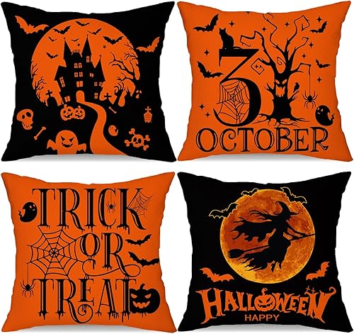 Miniatura 1 de Juego de 4 fundas de almohada decorativas de Halloween de 18 x 18 pulgadas, juego de 4 fundas de cojín de lino para decoración de Halloween, para