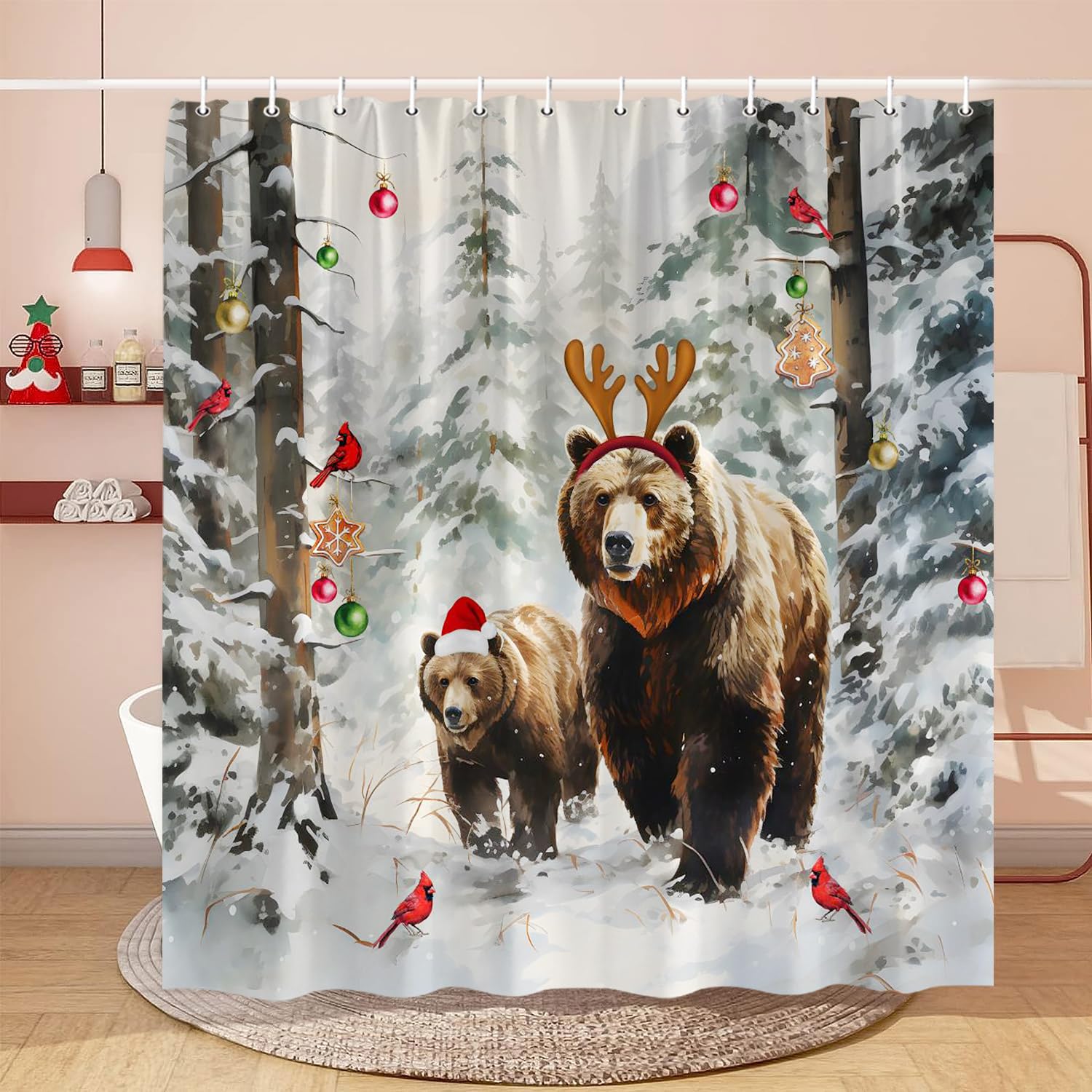 HYKHYK Christmas Bear Shower Curtain 180x70 Inches - Winter Pine Forest Snowy Scene With Antler Bears, Rustic Holiday Bathroom Decor With Hooks