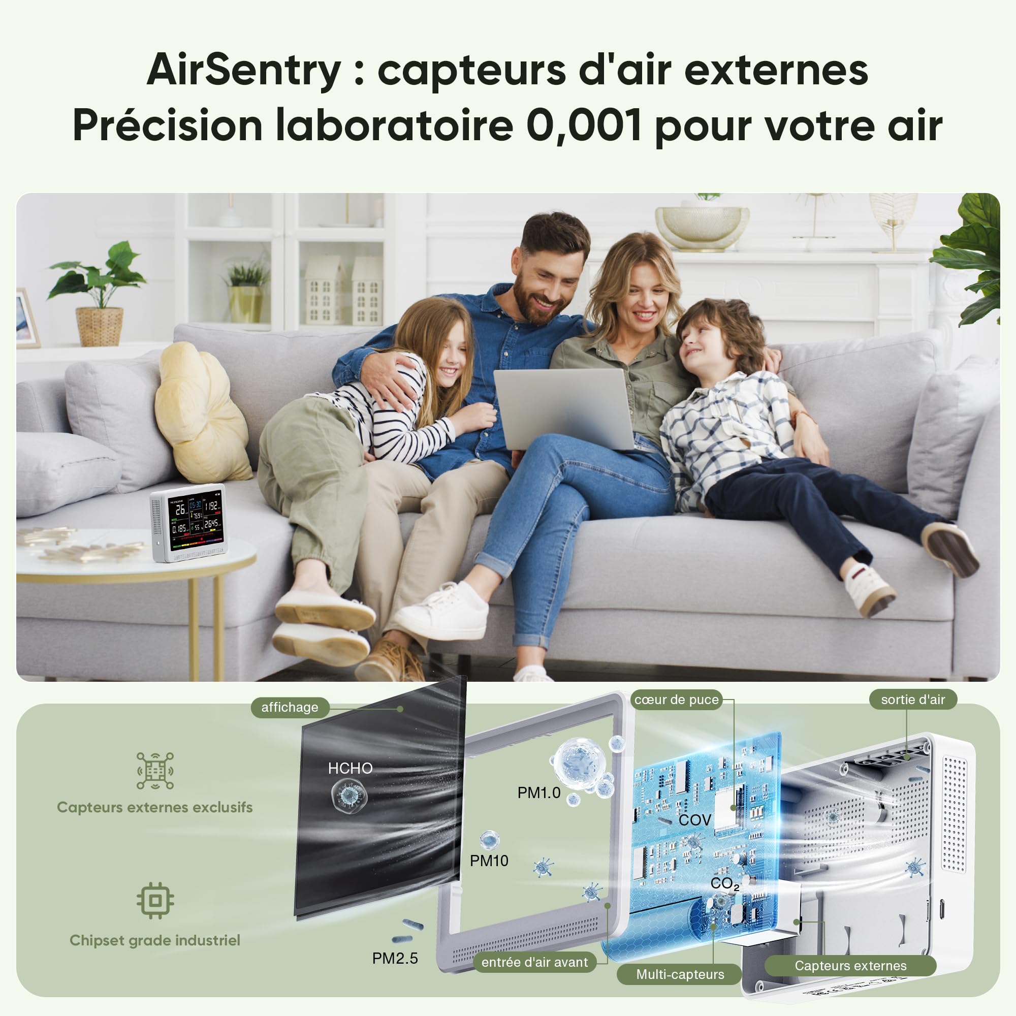 bonoch 16-en-1 Appareils Mesurant Qualité Air Intérieur avec Batterie 10h & Écran 5,5", 9 AQI + 7 Alertes, Détecteur de COV, CO2, PM2.5, PM1.0, PM10, HCHO, Température/Humidité & Heure-Blanc