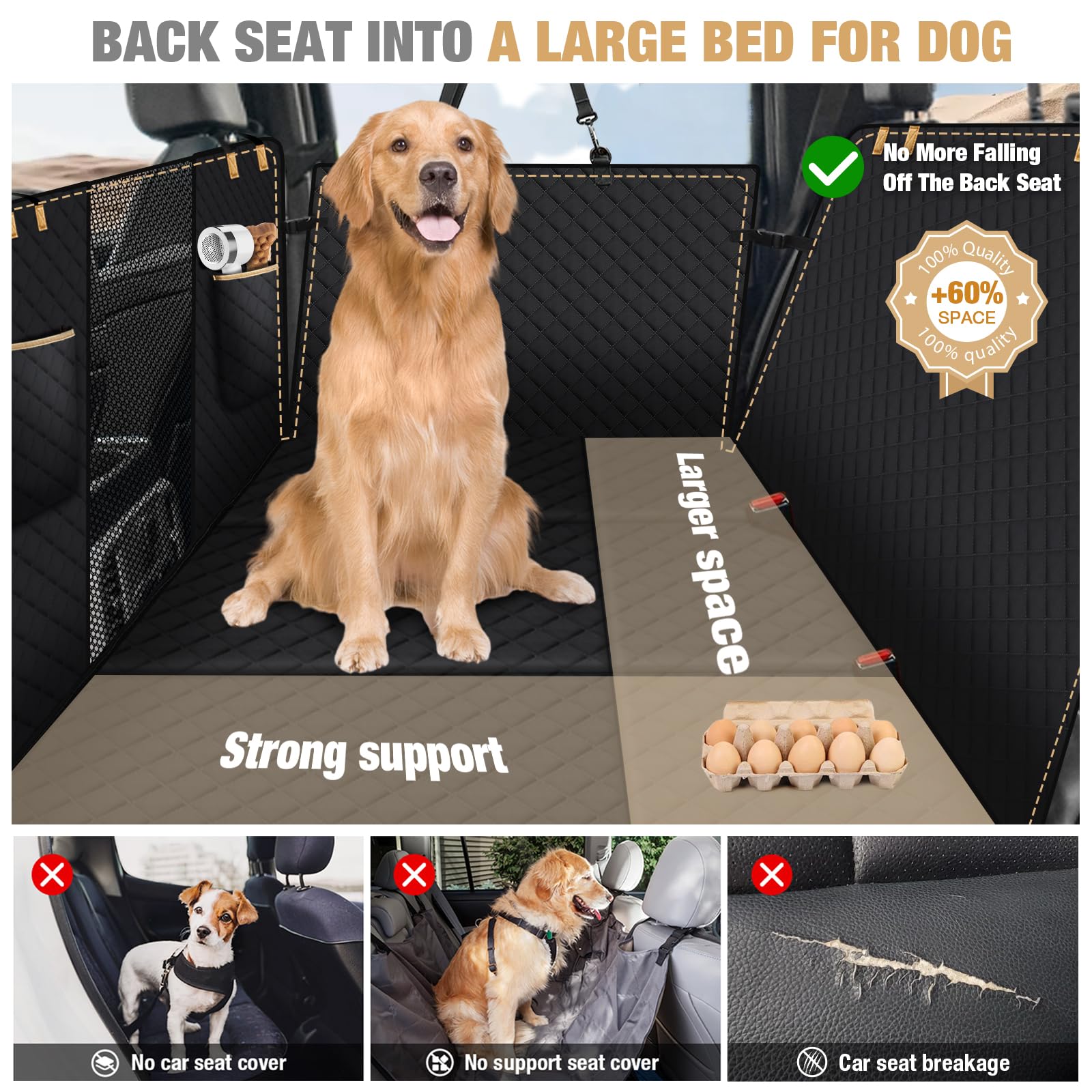 Lekeinchi Coperta per cani per auto, sedile posteriore, con sei pannelli in legno duro e cinture di sicurezza, impermeabile, antigraffio e prevenzione delle cadute, per camion, SUV, nero (L)
