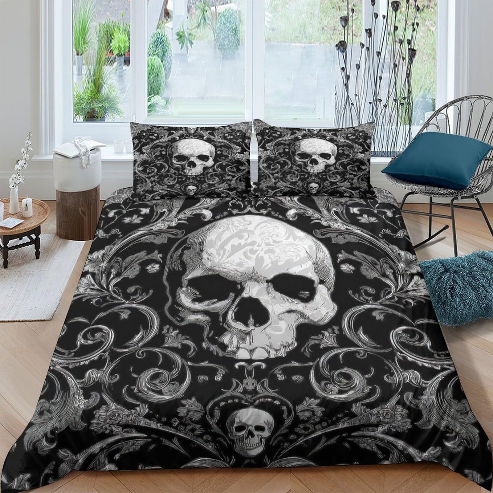 XFKLYNVCJ 3D Printed Gothic skull Comforter Cover Brushed Microfiber Ornate baroque design Bedding Cover Hypoallergenic Shrink Resistant Breathable Lightweight for All Season Use Double（200x200cm）