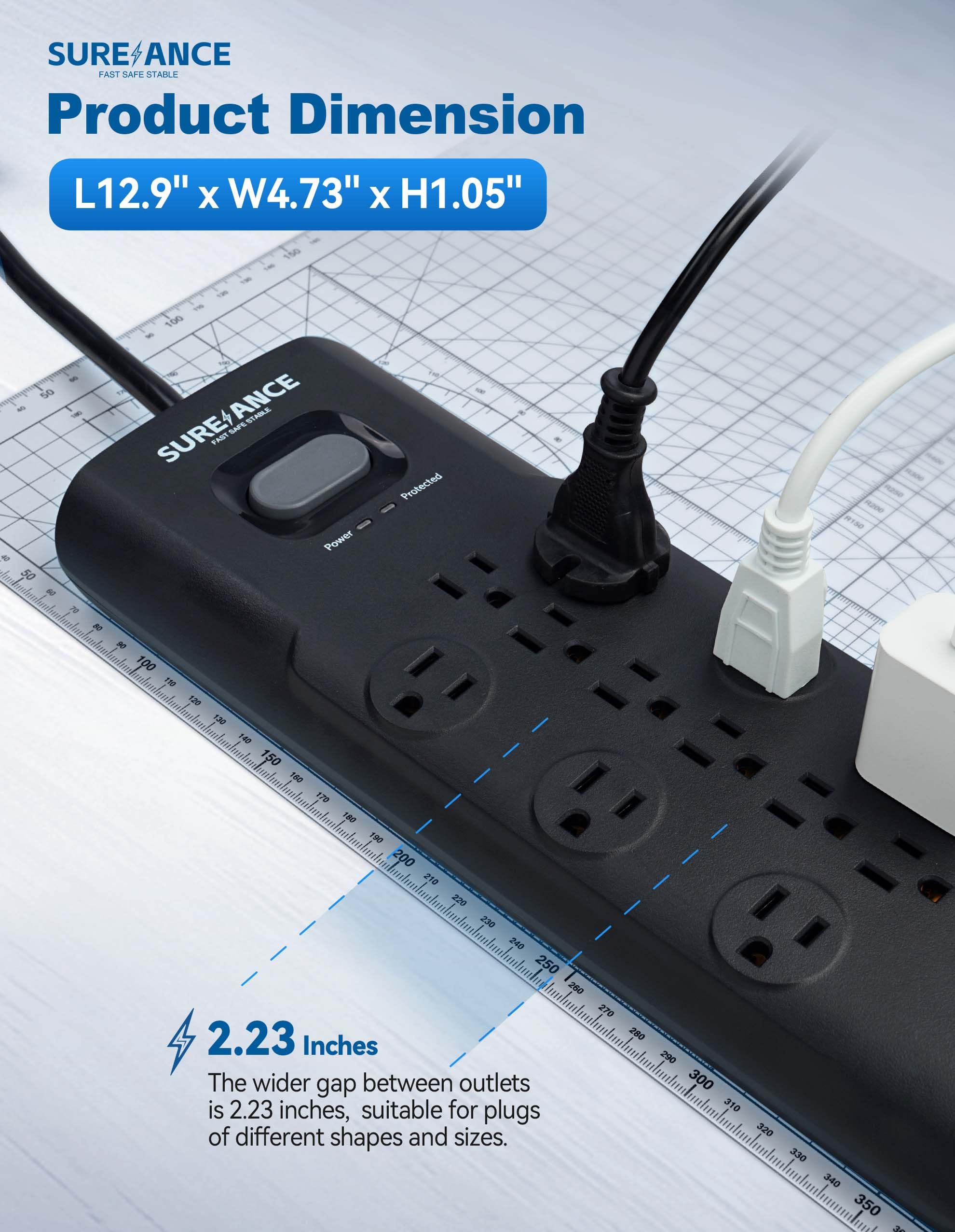 Stromleiste mit Überspannungsschutz, 12 AC-Ausgänge, 2 USB-A Ports, 20 W PD USB-C, 4100J Schutz, Flachstecker, montierbar, ETL-zertifiziert, kompatibel mit