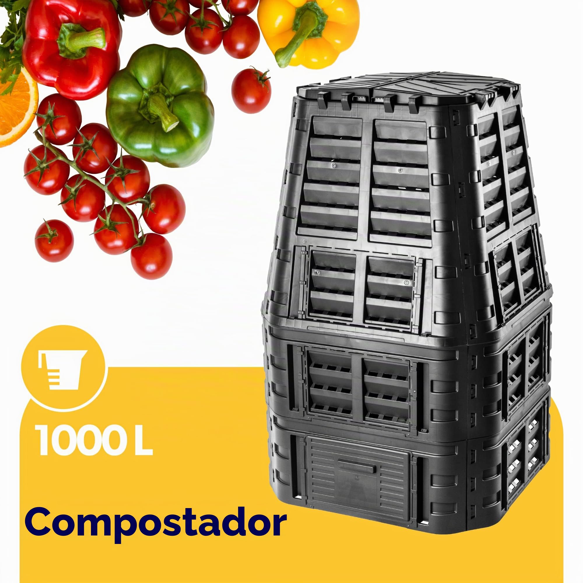 KADAX - Compostador de jardín 1000L, una solución ecológica y práctica para transformar sus residuos orgánicos en fertilizante natural, bandeja de compost (Negro)