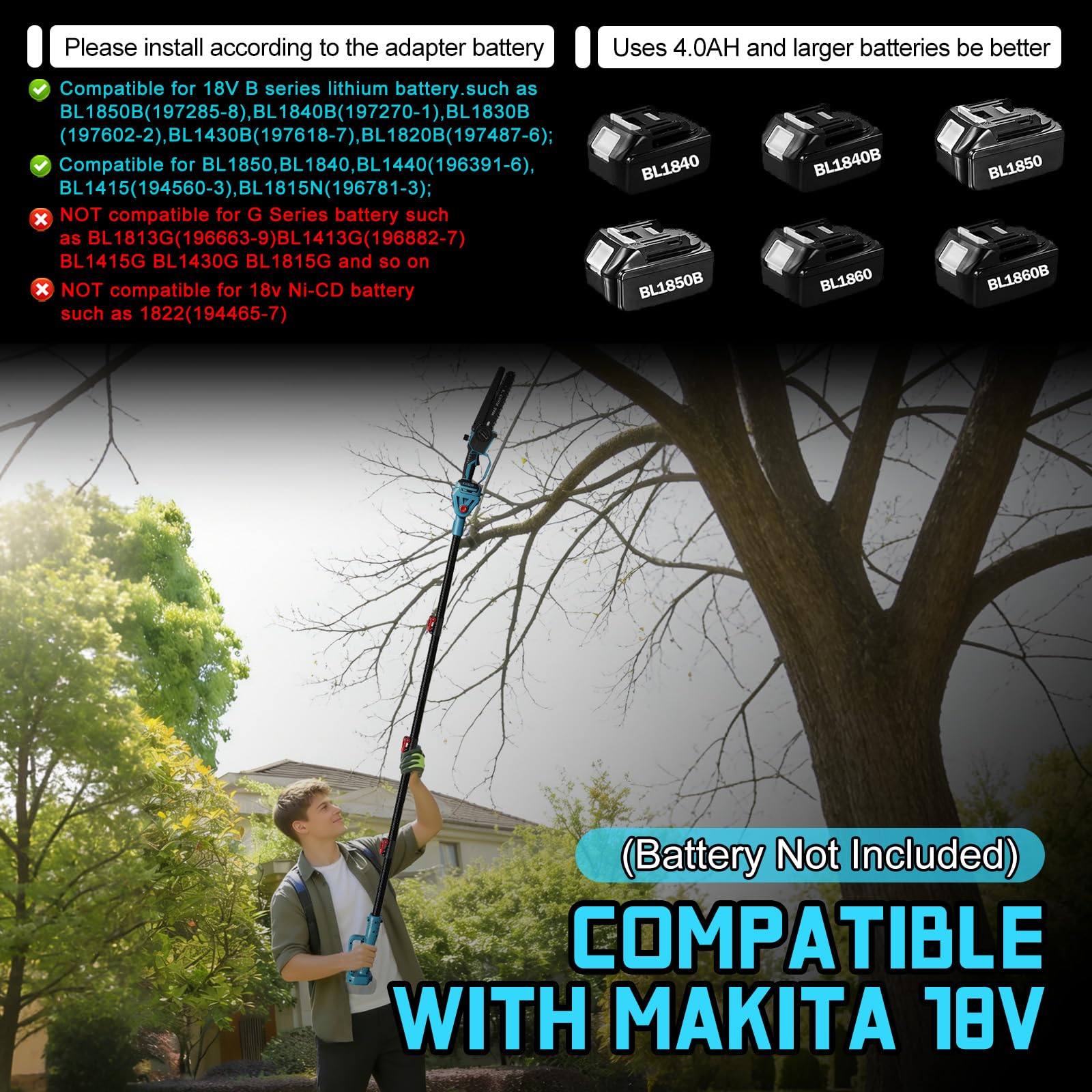 Scie à élaguer professionnelle sans fil chaîne compatible avec Makita 18V, 8 pouces Scie à élaguer sans Balais avec manche télescopique électrique hauteur travail du sécateur (Sans batterie)