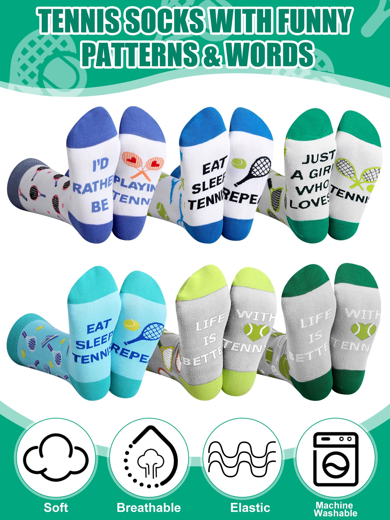 6 pares de calcetines de tenis divertidos para mujer, calcetines casuales novedosos, accesorios para amantes del tenis, regalos de cumpleaños y vacaciones