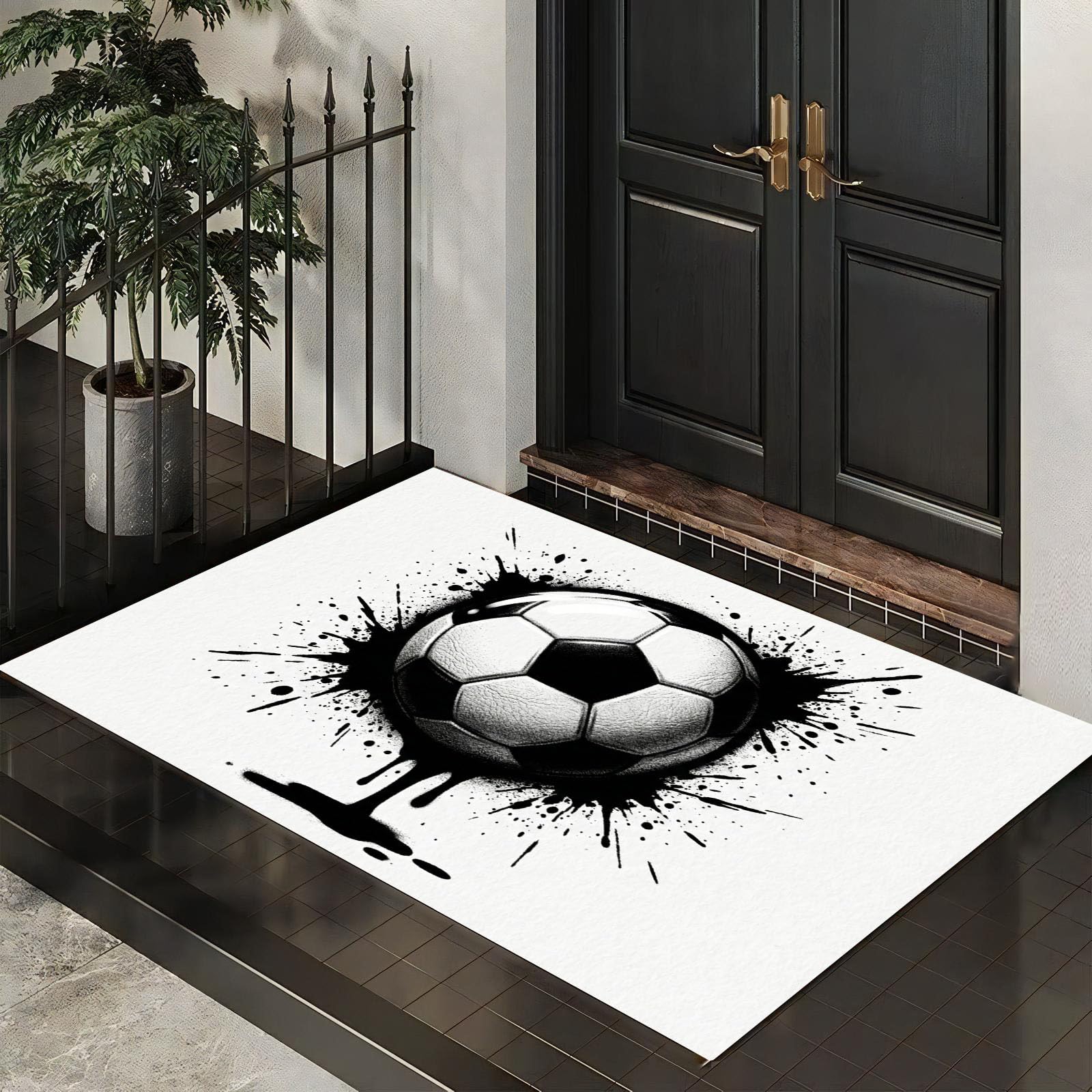 Ultradünne Coole Graffiti-Fußball Fußmatte Für Innenbereich, 90X150Cm Waschbar Teppich Für Eingangsbereich, Tintenklecks-Fußball Schmutzfänger Fussmatten, Schwarz-Weiß Rutschfeste Eingangsmatte