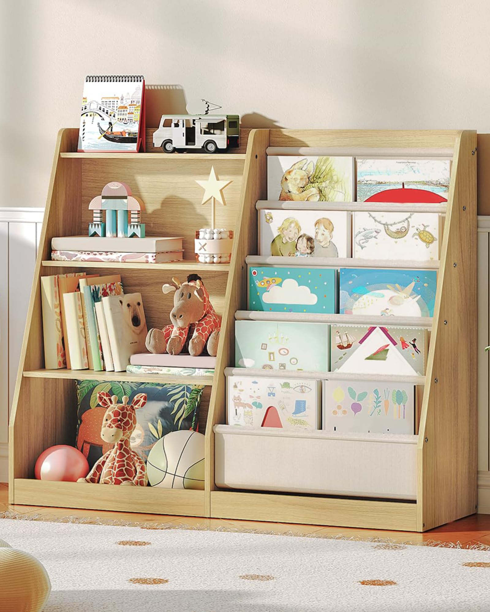 CHOEZON4-Tier Kids Bookshelf and Toy Storage, 6 Layer Fabric Toddler Bookshelf, Kids Toy Storage Organizer, Sling Kids Bookcase, for Playroom, Bedroom, Nursery, Classroom, Natural and White MCW05NL