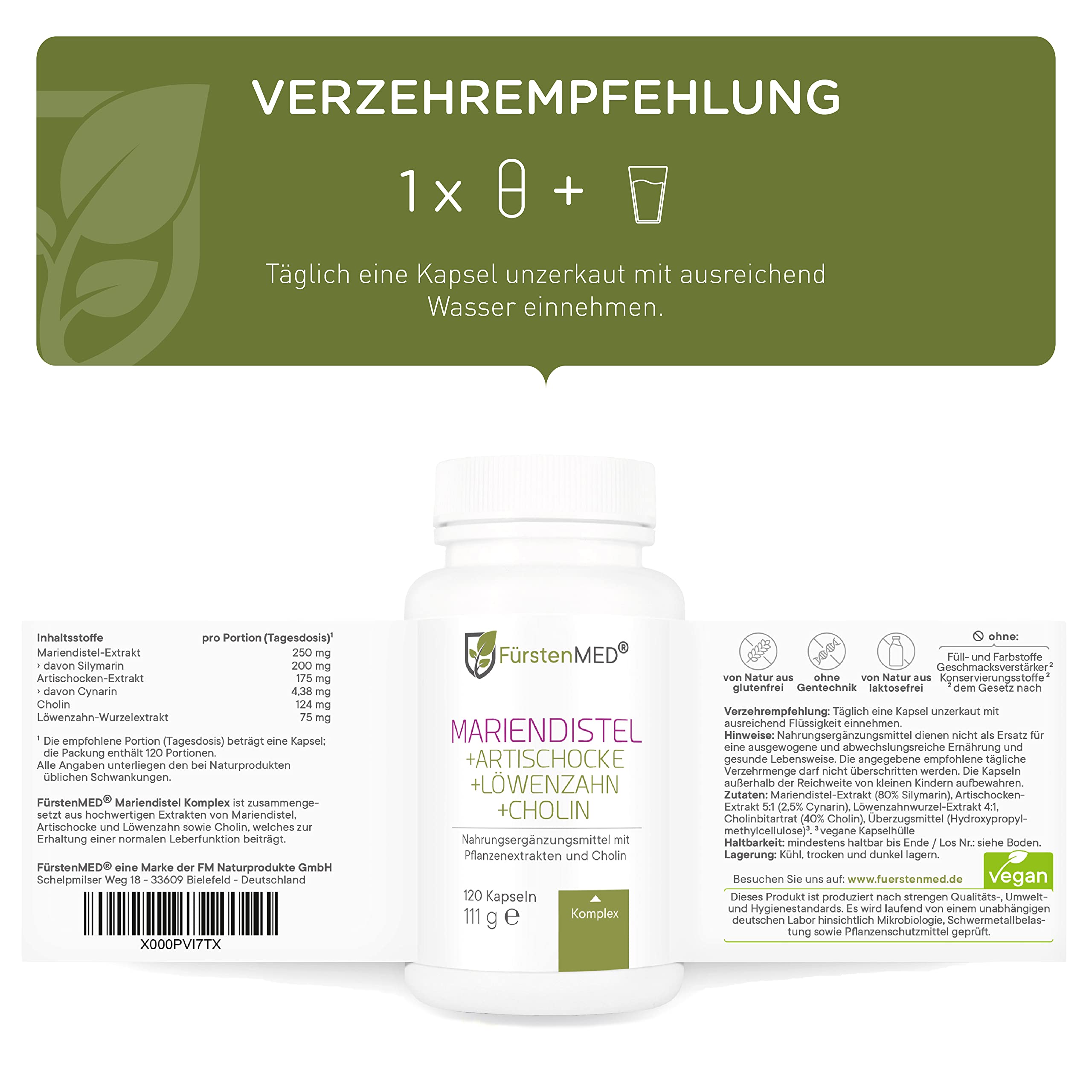 FürstenMED® Mariendistel Kapseln Hochdosiert mit Artischockenextrakt - Mariendistel Artischocke Löwenzahn und Cholin - Leber Komplex Hochdosiert mit 80% Silymarin 120 Kapseln Laborgeprüft