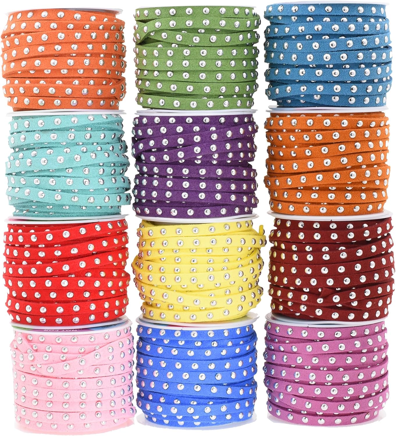 Mandala Crafts 20 Yards Rainbow Combo Studded Faux Suede Cords Leather Trims - Flat Vegan Leather Lace Strips String with Silver Color Rivets for Jewelry Making, Crafts, Bracelets, and Decorations