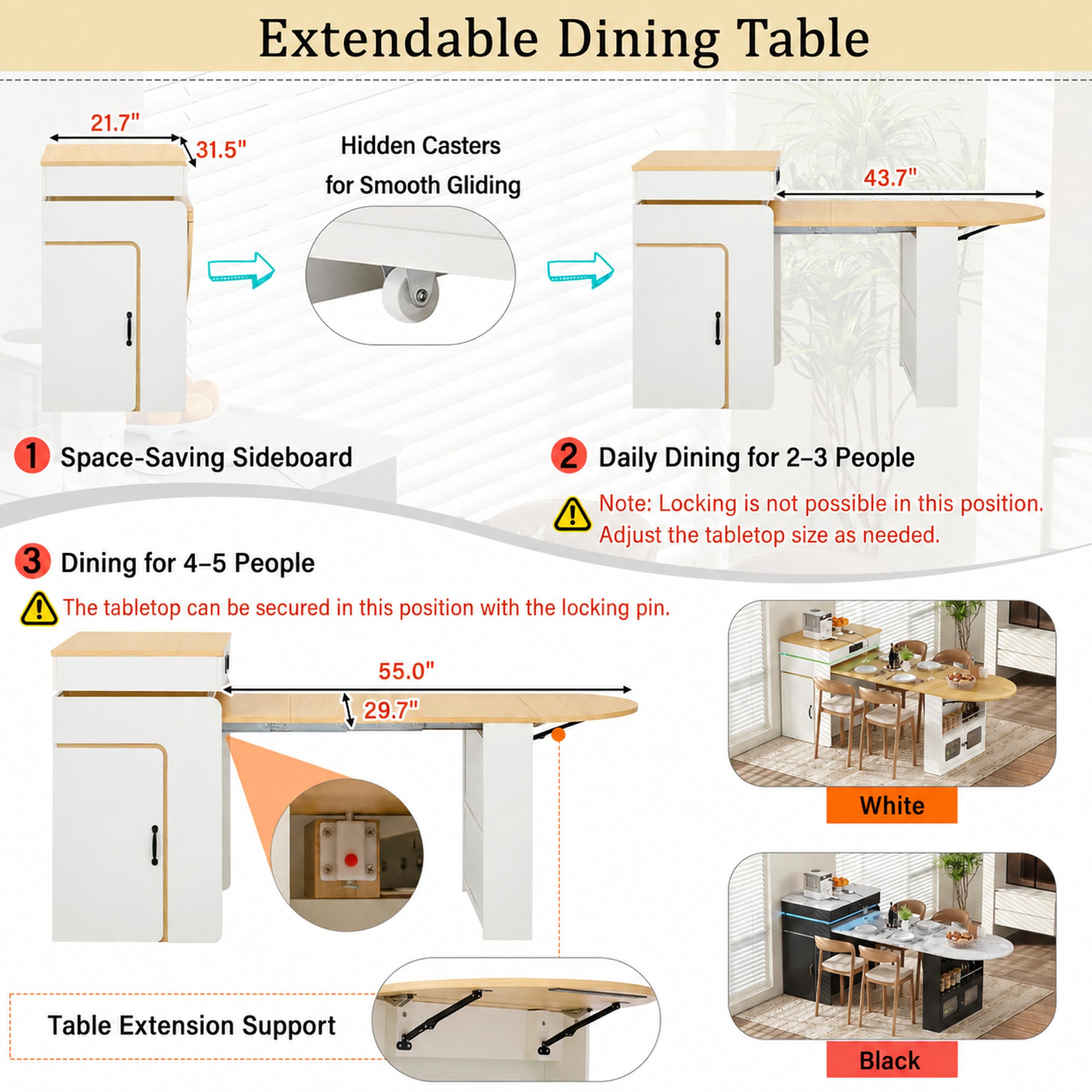 Isola da cucina con ruote, tavolo da pranzo allungabile, credenza con cassetti, credenza o tavolo da bar per cucina e sala da pranzo (bianco)