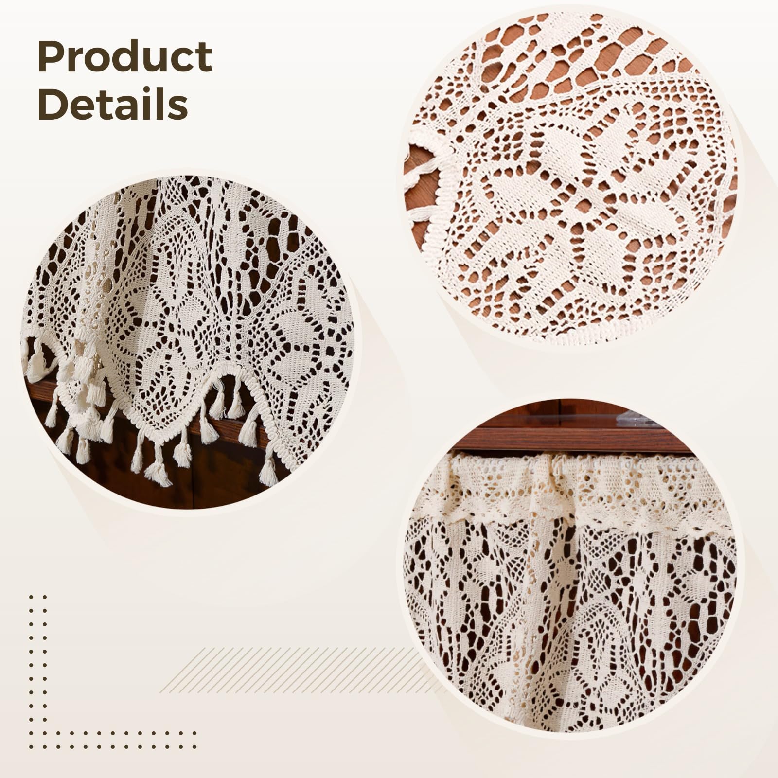 Cantonnière vintage en crochet faite à la main en dentelle de coton avec pompons, rideau court pour cuisine, porte et armoire