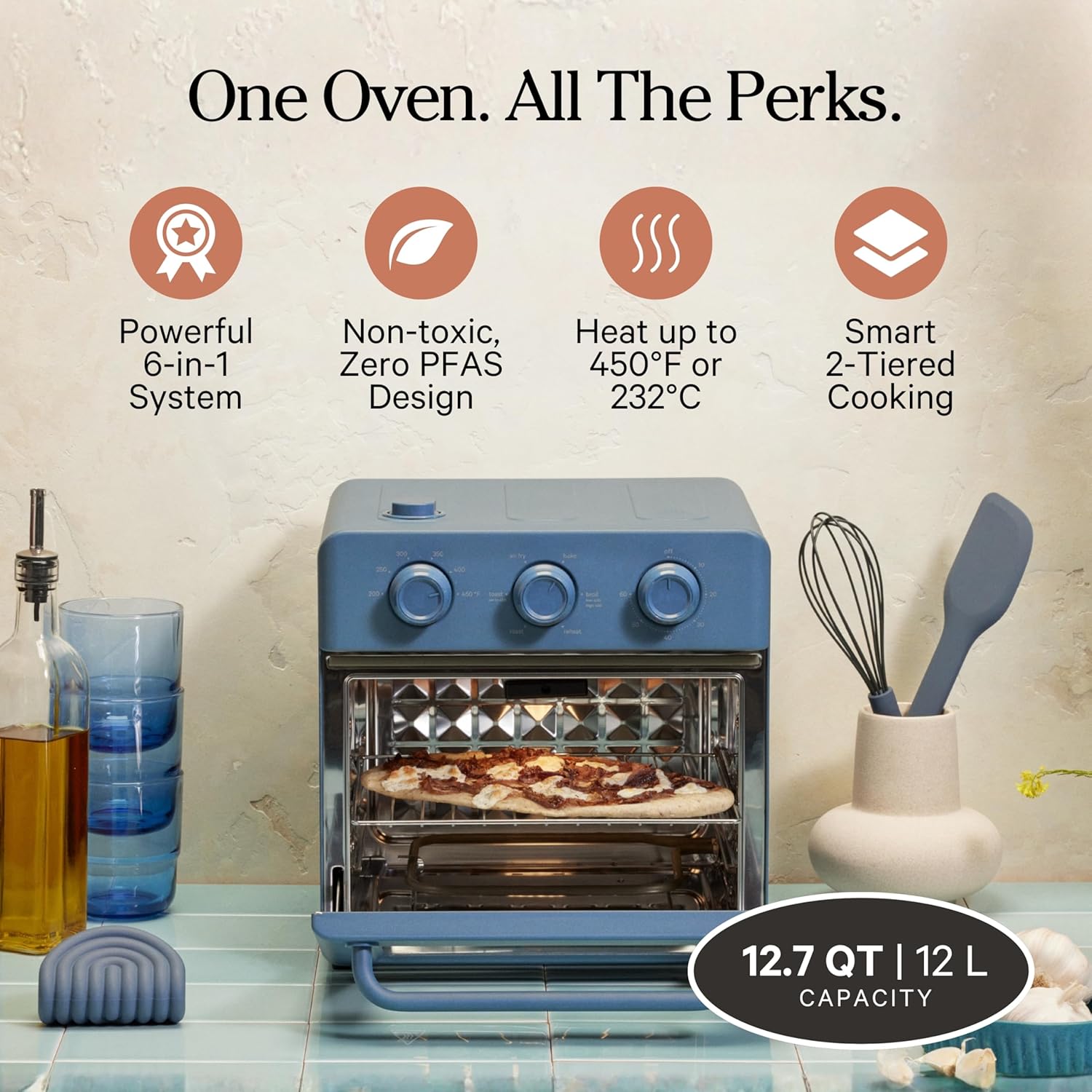 Our Place Wonder Oven | 6-in-1 Stainless Steel Air Fryer Toaster Oven Combo with Basket, Rack, Pan & Tray | Compact 13 QT Countertop Capacity - Toast, Roast, Bake, Reheat, Broil & Steam | Blue Salt