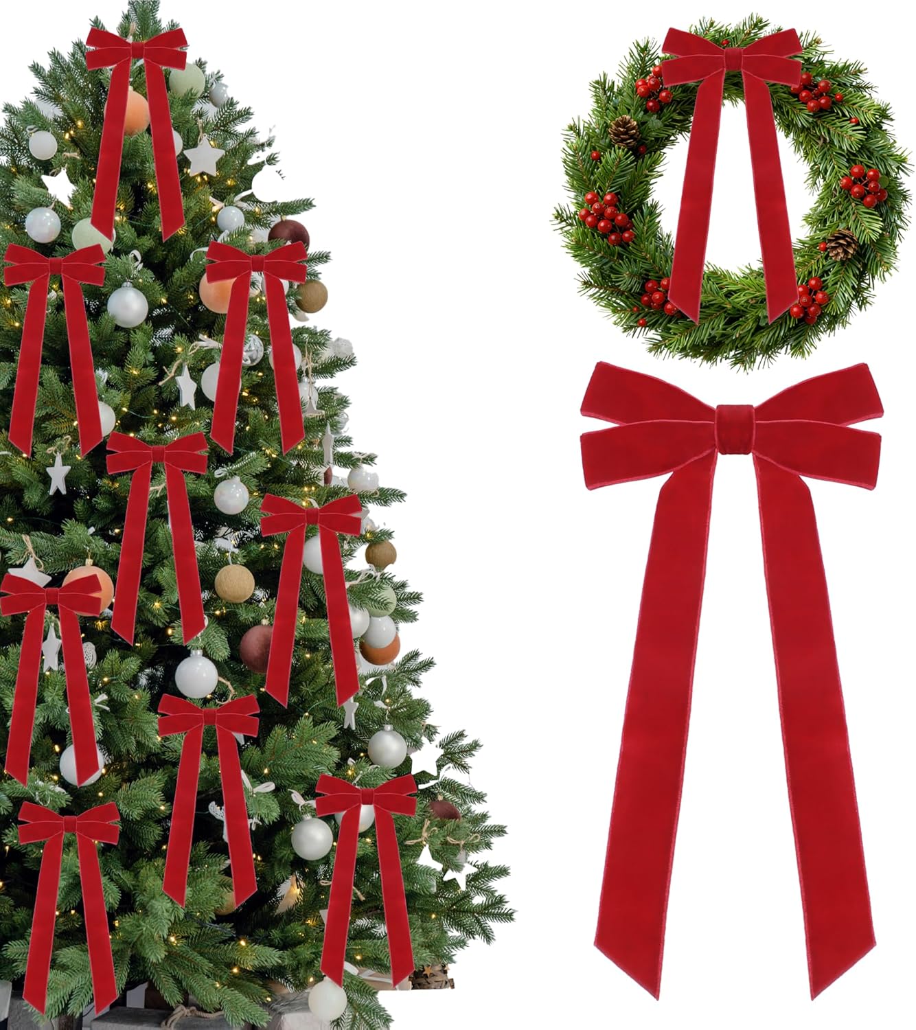 15Pcs Red Velvet Ribbon Bows for Christmas Tree 5in x 10in x 1in Vintage Rustic Velvet Bows Xmas Ornaments for Christmastree Wreath Garland Party Decor (Red)