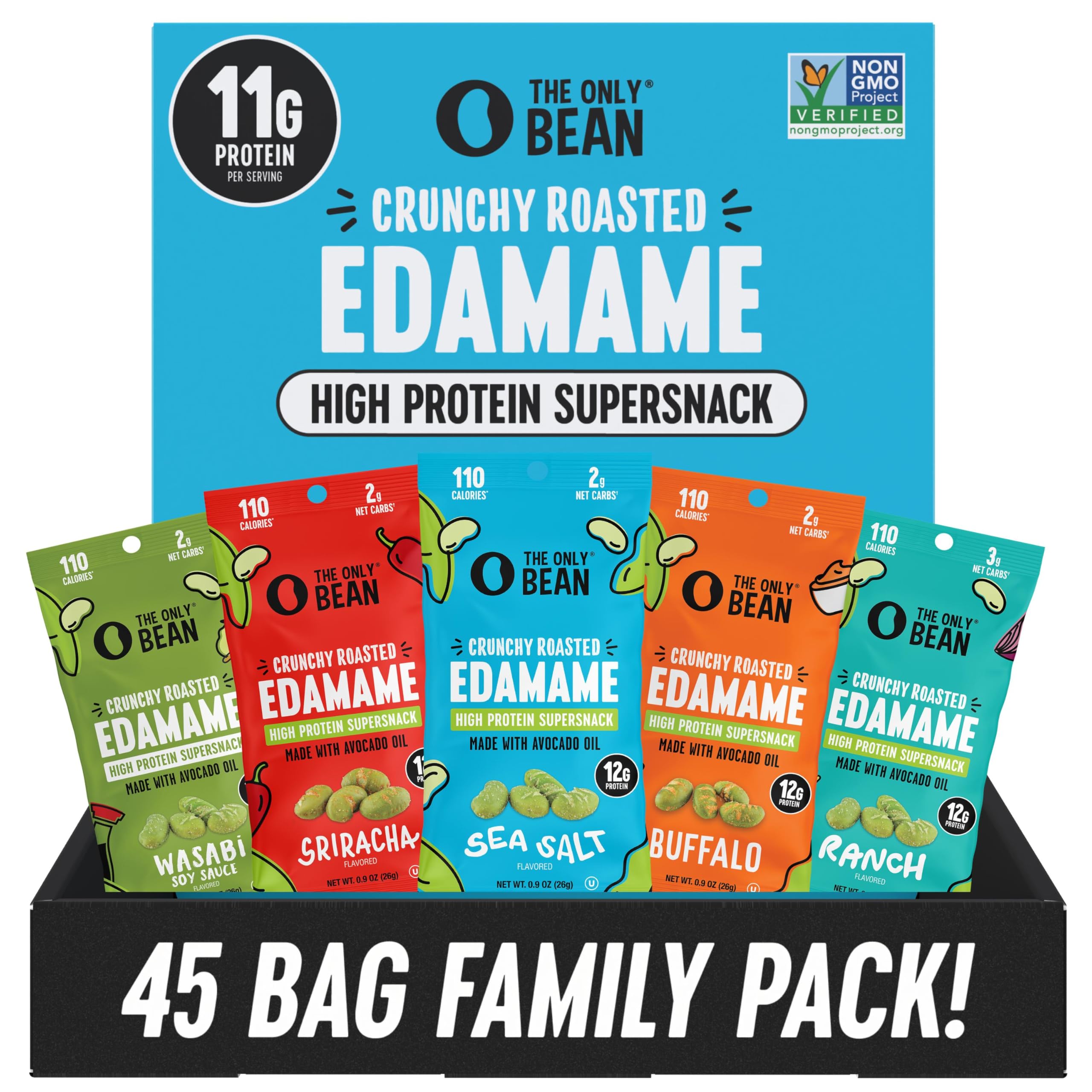 The Only Bean High Protein Snacks, Healthy Office Snacks, Healthy Snacks for Adults and Kids for Lunch, Vegan, Low Carb & Gluten Free - Edamame Beans Snack, Variety Pack - 0.9oz (Pack of 45)