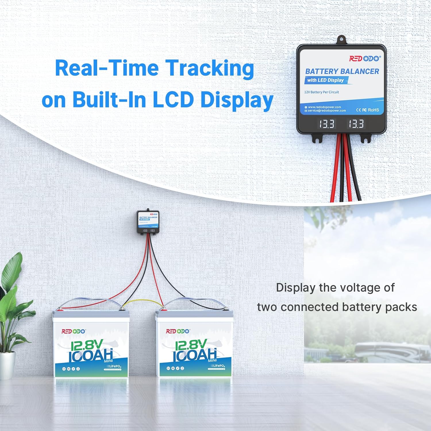 Redodo IP65 Waterproof 43.8V 25A LiFePO4 Battery Charger and Battery Balancer 24V(2 * 12V) Battery Equalizer with LED Display