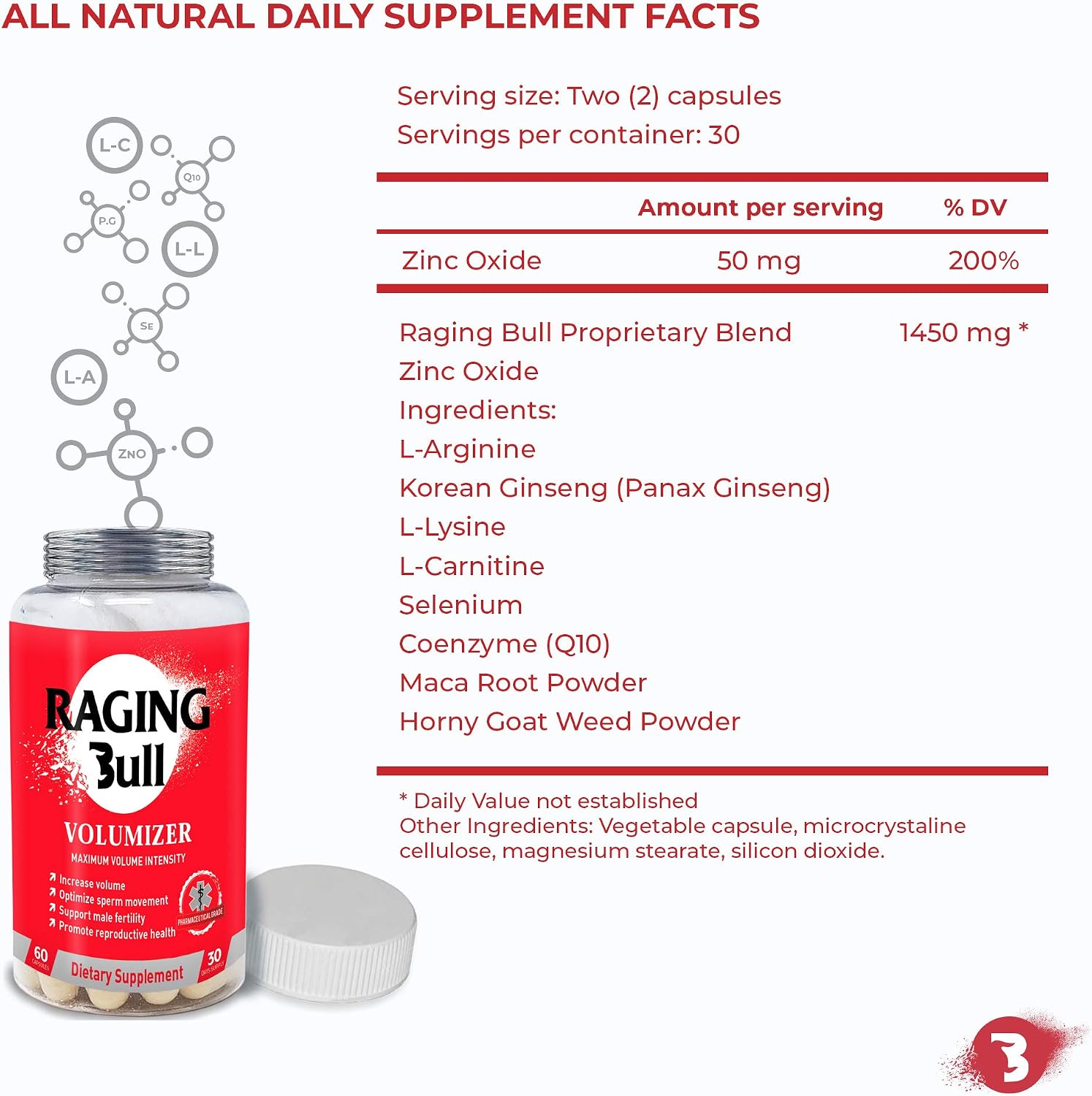 RAGING BULL Fertility Supplement for Men - Increase Sperm Count Volume Motility and Quality - Natural Male Conception Aid (60 Capsules, 1 Month Supply)
