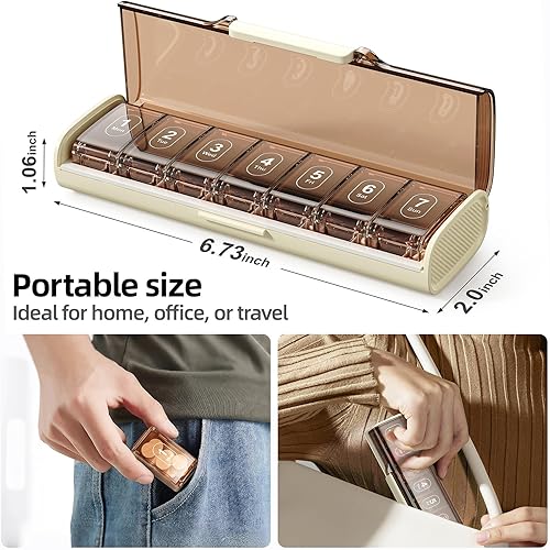 Miniatura 6 de Organizador semanal de píldoras, pastillero portátil de 7 días, organizador de píldoras medicinales a prueba de humedad, pastillero de viaje con