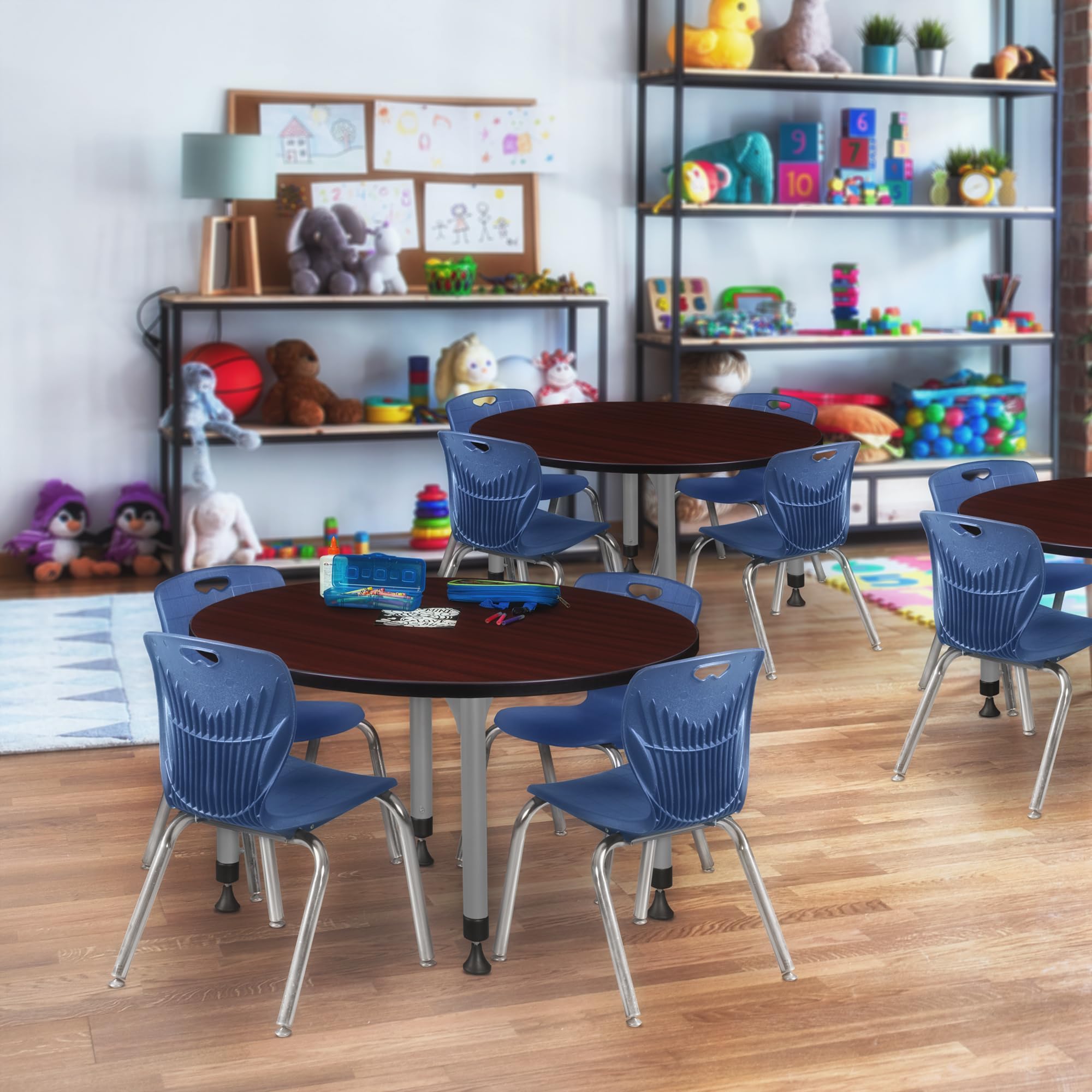 Romig Kee Round Classroom Activity Table & Chairs Height adjustable3, 30 x 30, Chrome|Grey|Mahogany|Navy Blue