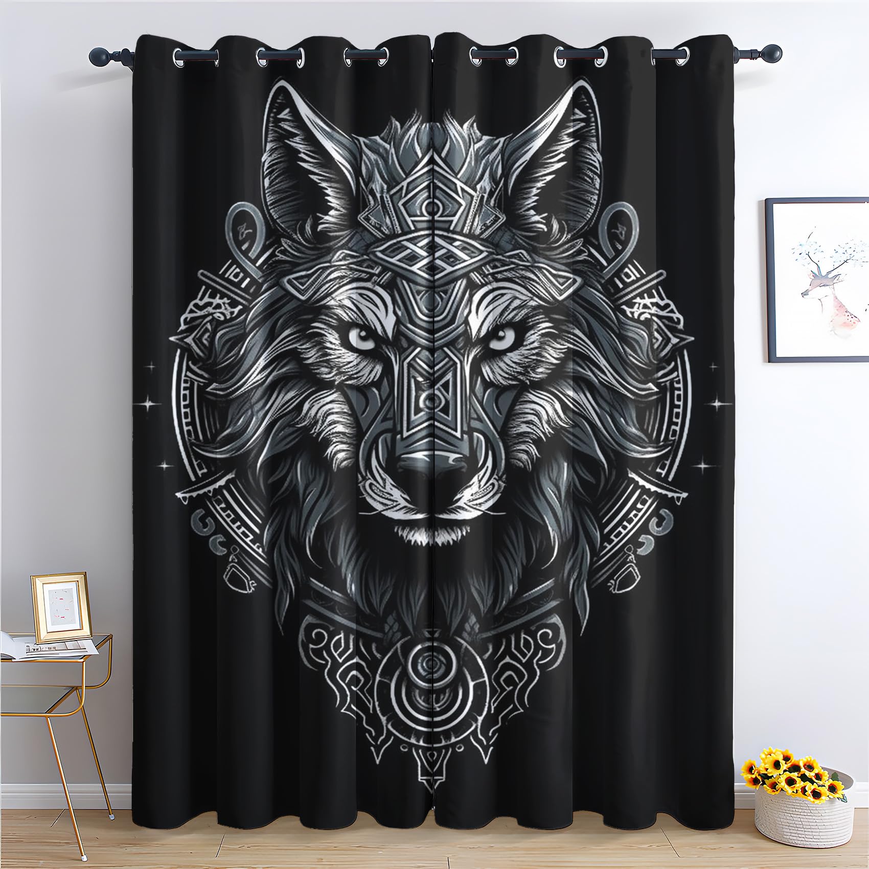 Rideau Occultant Loup, Rideau Isolant Thermique pour Salon Chambre, Rideaux Motif Viking, Rideau Opaque à Oeillets, Lot de 2 Rideaux et Draperies Intérieur 140x160cm LxH