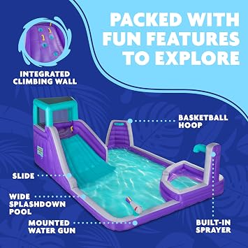 Sunny & Fun Four Corner Inflatable Water Slide Park Heavy-Duty for Outdoor Fun - Climbing Wall, Slide & Deep Pool Easy to Set Up & Inflate with Included Air Pump & Carrying Case