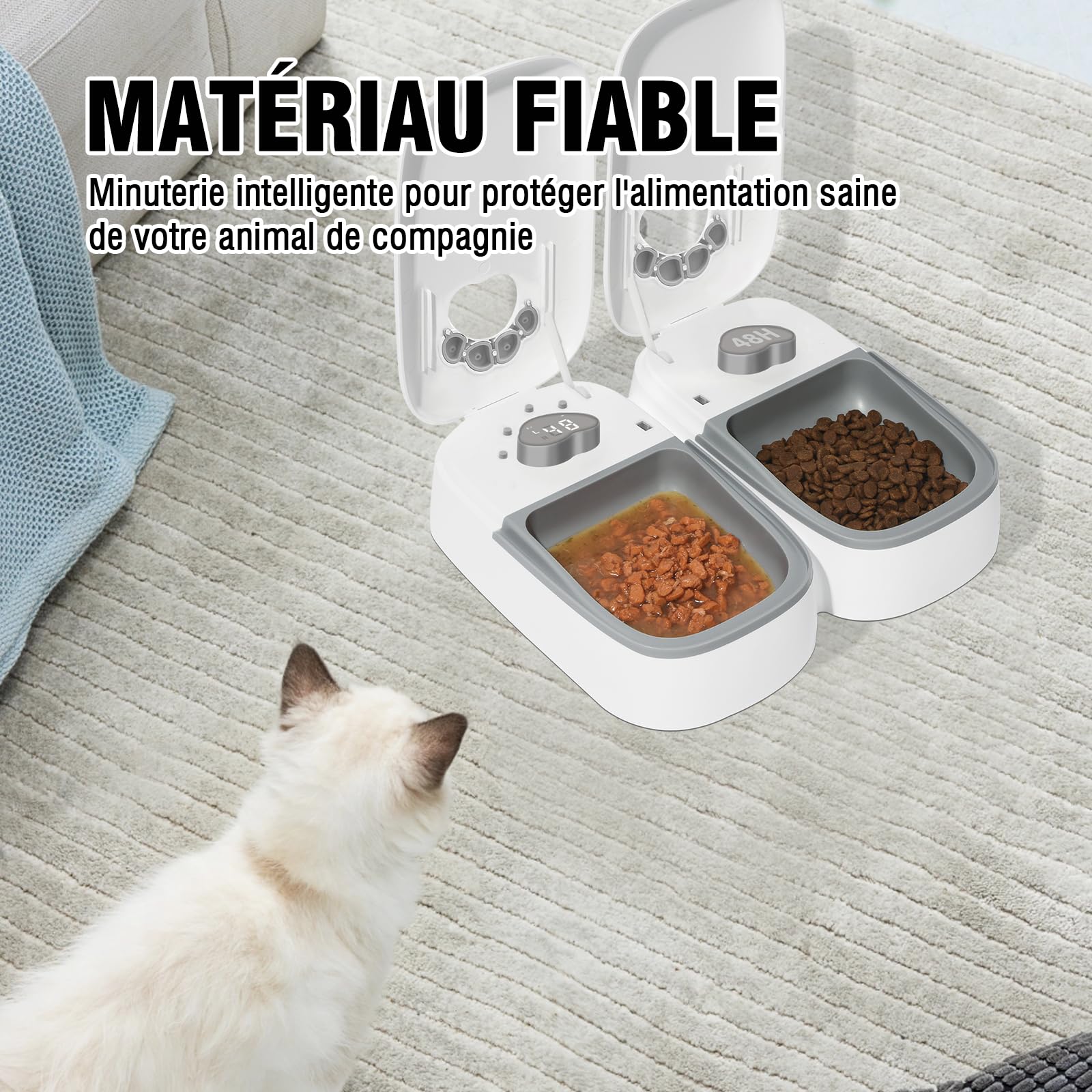 Distributore automatico di crocchette per gatti 2 pasti con display LED e modalità di risparmio energetico, per gatti e cani
