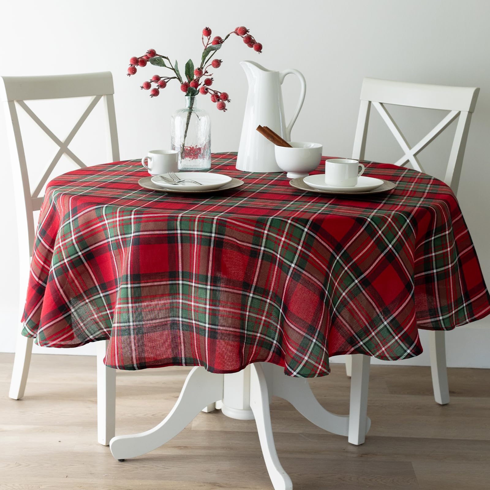 Benson Mills Holiday Plaid Yarn Dyed Fabric Table Cloth, Holiday, Winter, and Christmas Tablecloth (70" Round, Red)