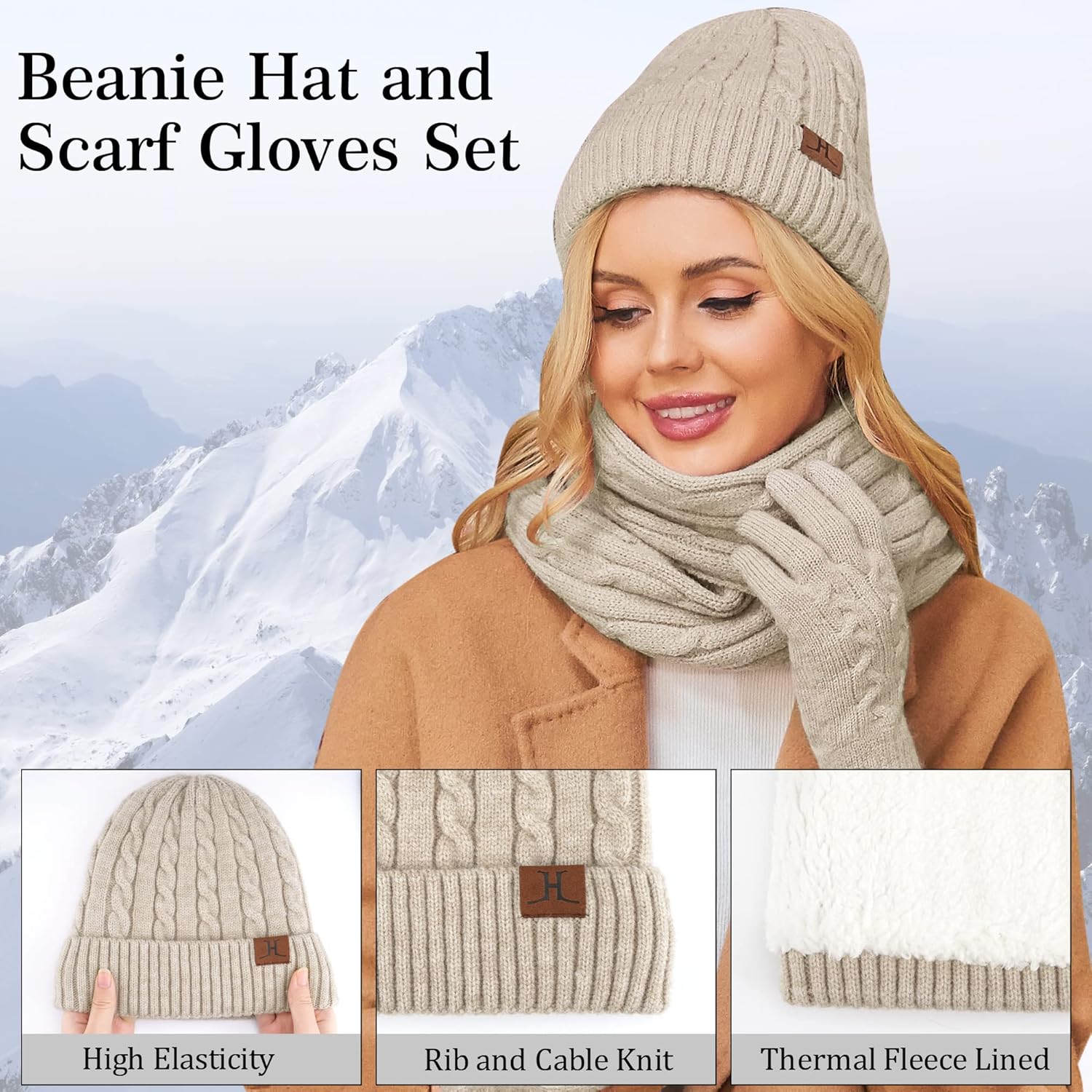 Womens Winter Beanie Hats Long Scarf Touchscreen Gloves Set Warm Knit Skull Caps Gifts for Women - Image 2