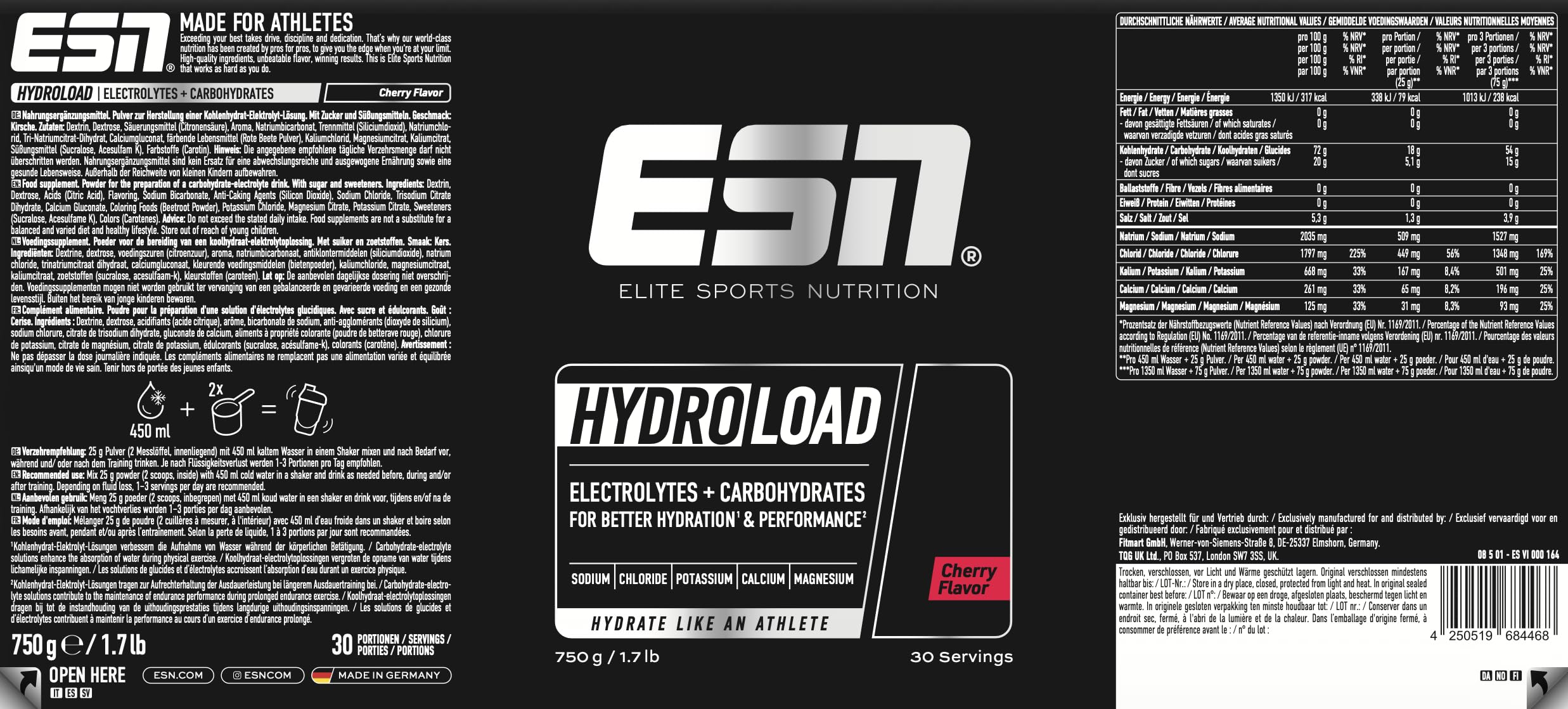 ESN Hydroload Electrolytes, 750 g, 30 Portionen, Cherry | Kohlenhydrat-Elektrolyt-Lösung für verbesserte Wasseraufnahme, vegan - made in Germany
