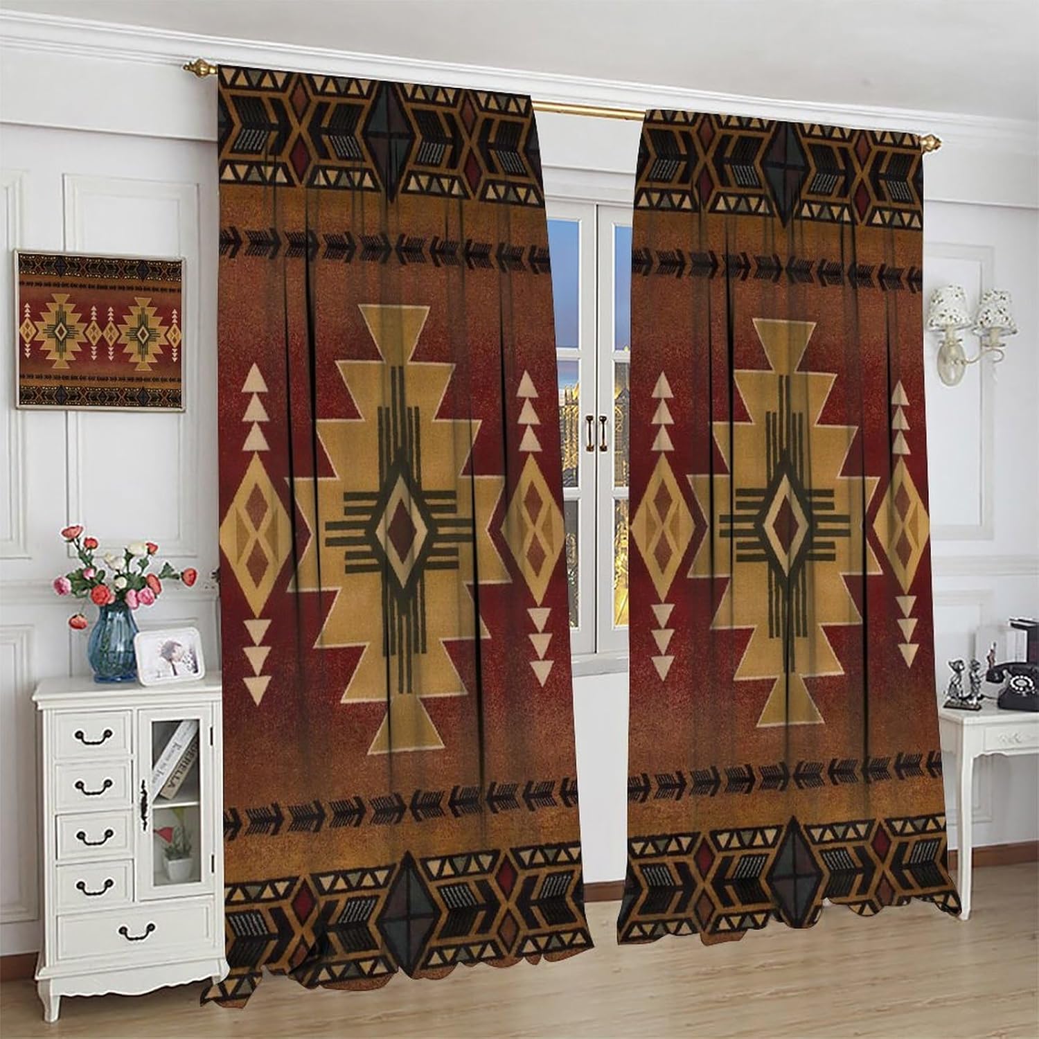Aztec Patterned Curtains, Traditional Southwestern Navajo Tribal Style Boho Fabric Western Aztec Geometric Window Treatments for Bedroom Living Room Cafe Set 2 Panels,55x63 Inches