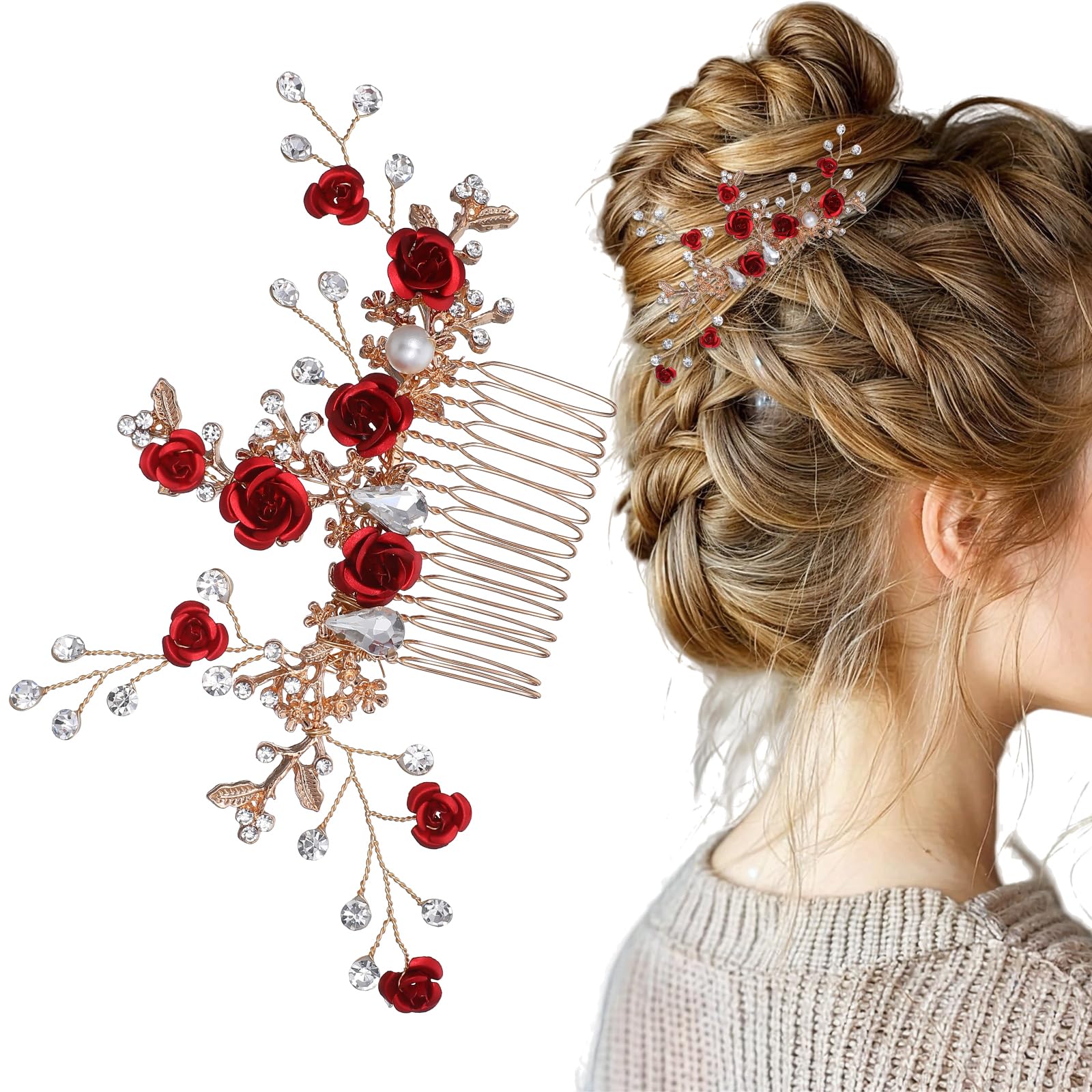 Red Flower Hair Comb, Gold Rose Crystal Bridal Hair Side Comb