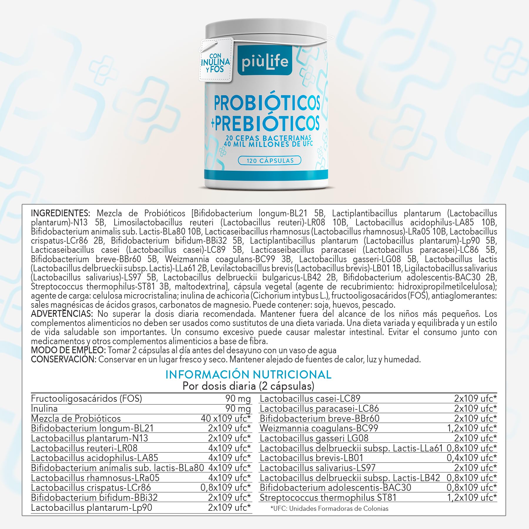 Probioticos Y Prebioticos Intestinales PiùLife, 240 Cápsulas