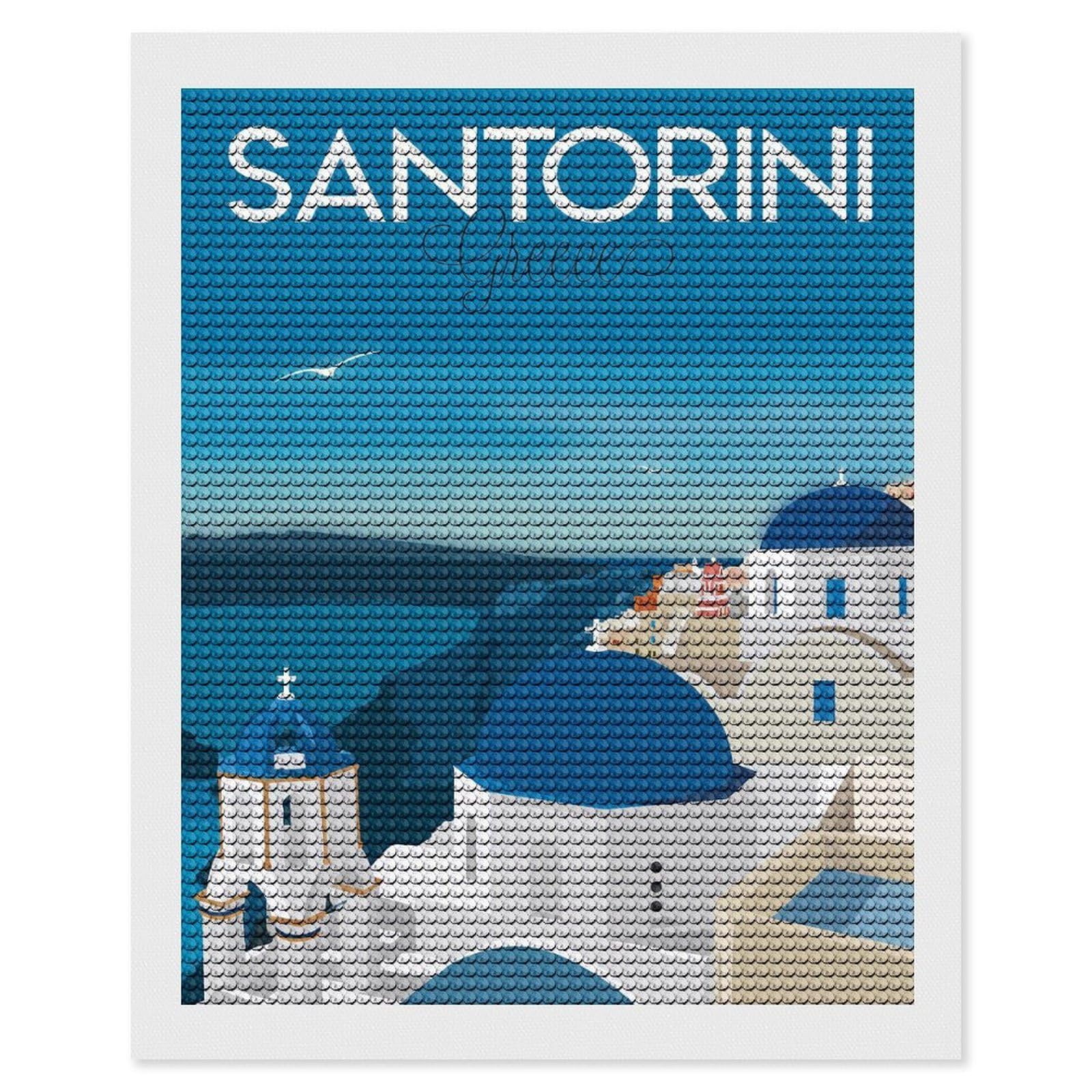 Junmoney Santorini Greece (2) Full Drill Diamond Painting Kit 16"x20", Sparkling Round Gems, Decorate Your Room, Mindful Craft Activity