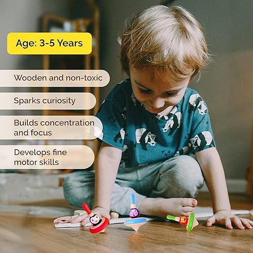 Miniatura 2 de Shumee Tops giratorios de madera hechos a mano (león, mono y pingüino) - 3 piezas  Colorido  100% seguro para niños  Giroscopio Fidget Spinner