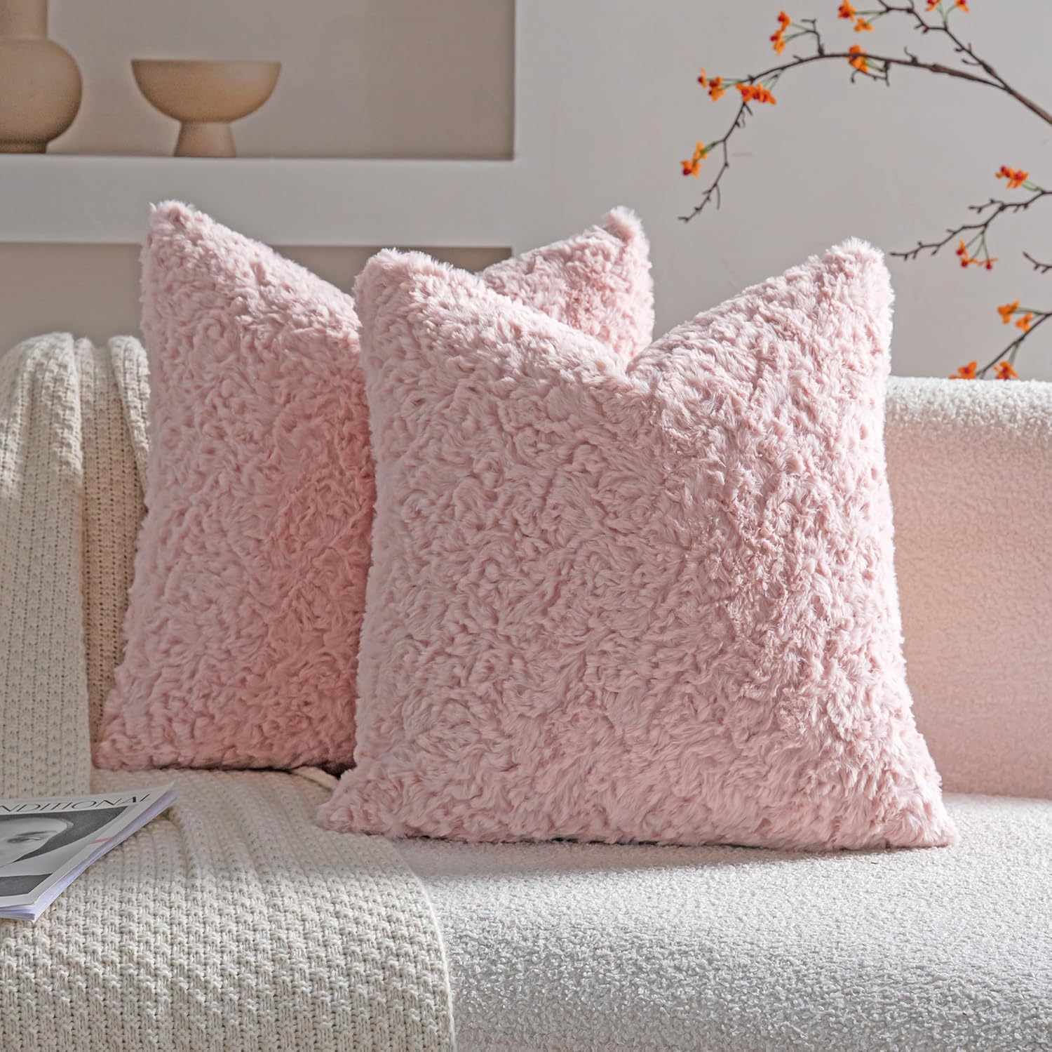 Neelvin Set of 2 Faux Fur Throw Pillow Covers 16x16 Inch Pink Cozy Soft Solid Decorative Pillowcases Thick Plush Sheepskin Cushion Case for Chair and Couch Sofa Bedroom