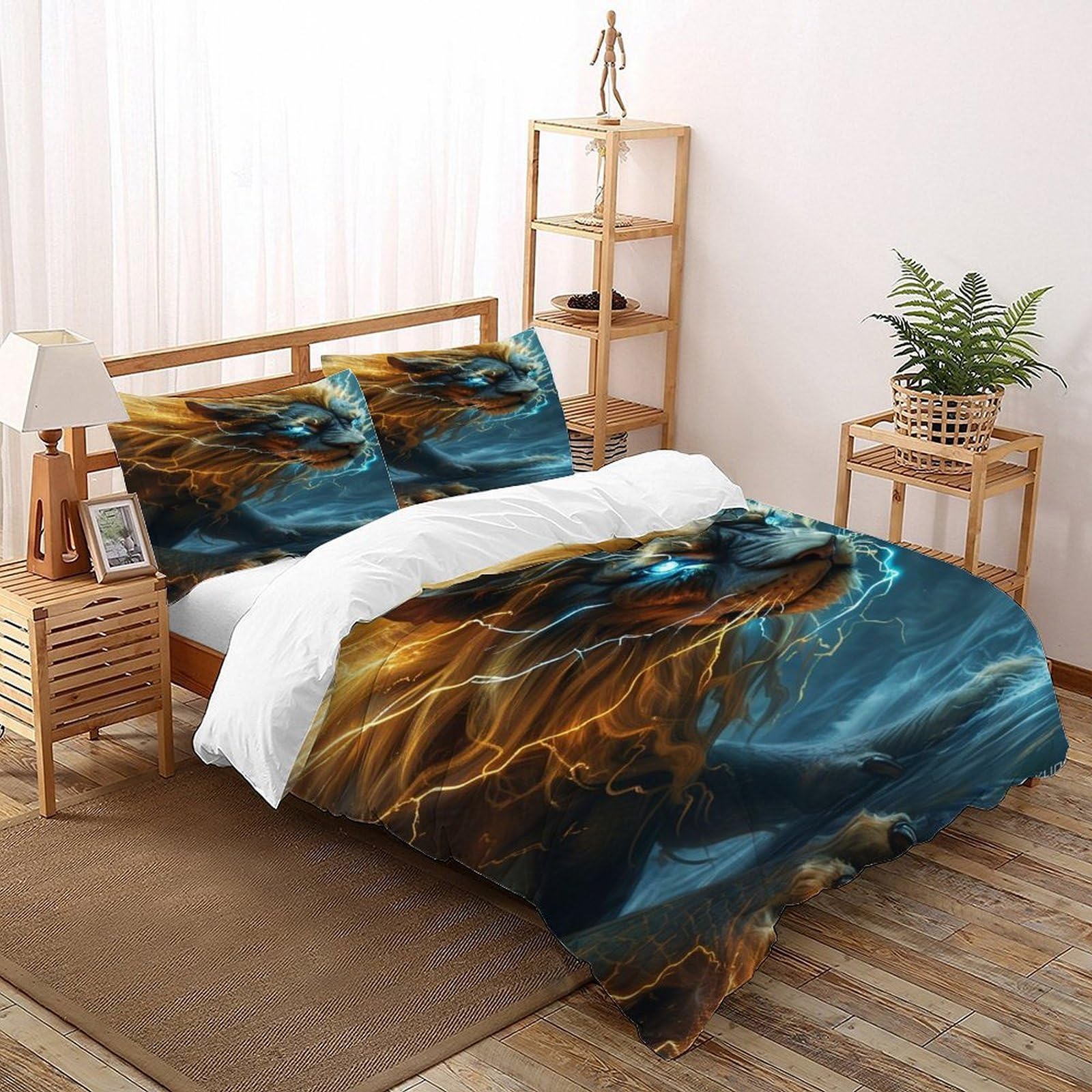 Parure de lit microfibre lion éclair anti-plis pour lit double adulte