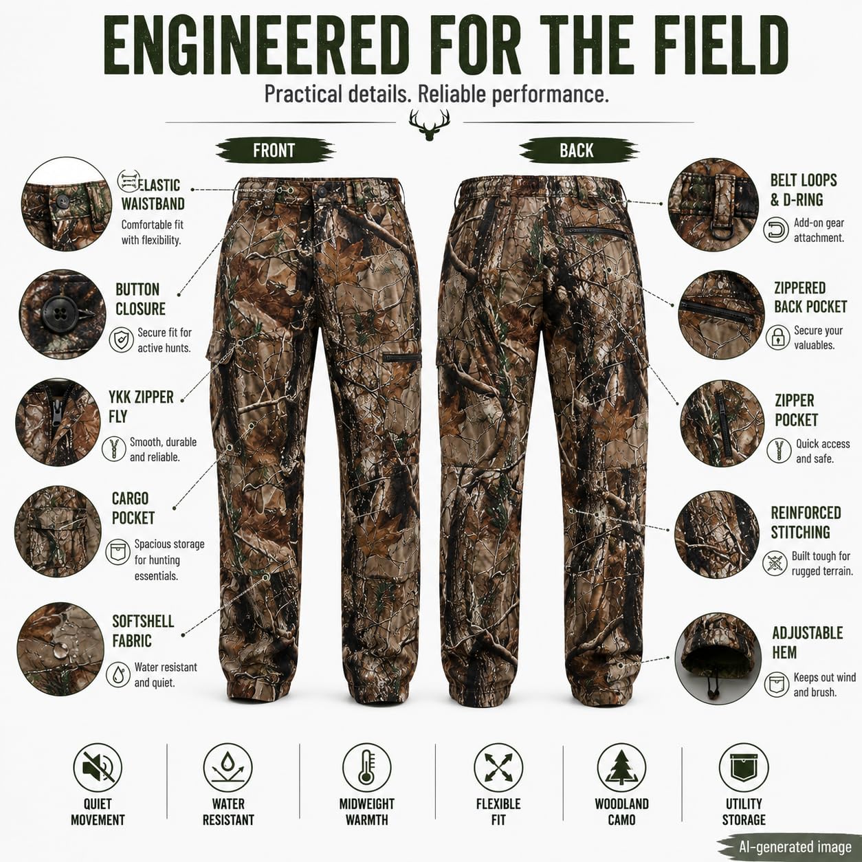 Krumba Hombres Camuflaje Caza Impermeable Pantalon