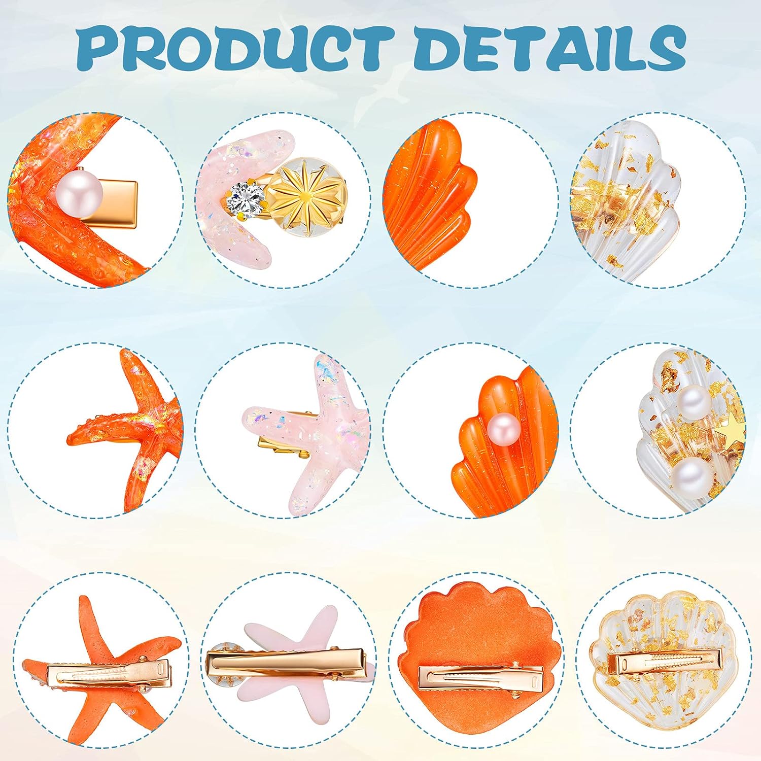 12 Pieces Artificial Shell Pearl Starfish Seashell Hair Clip Set Acrylic Resin Girl Lady Hair Clip Headdress Hairstyle Tool Accessories Beach Wedding Supplies (Elegant)