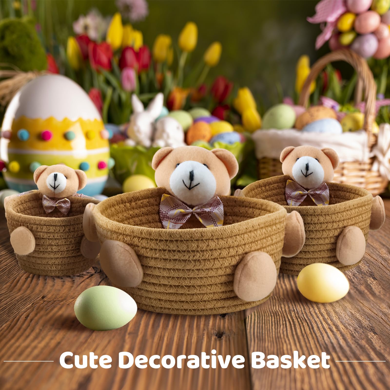 3Pcs Cesta de Huevos de Pascua, Cesta de Cuerda de Algodón, Cesta del Conejo de Pascua, Cesta Organizadora Cuerda Algodón Tejida, Cestas de Almacenaje, Cestas Baño Organizadoras (Marrón)