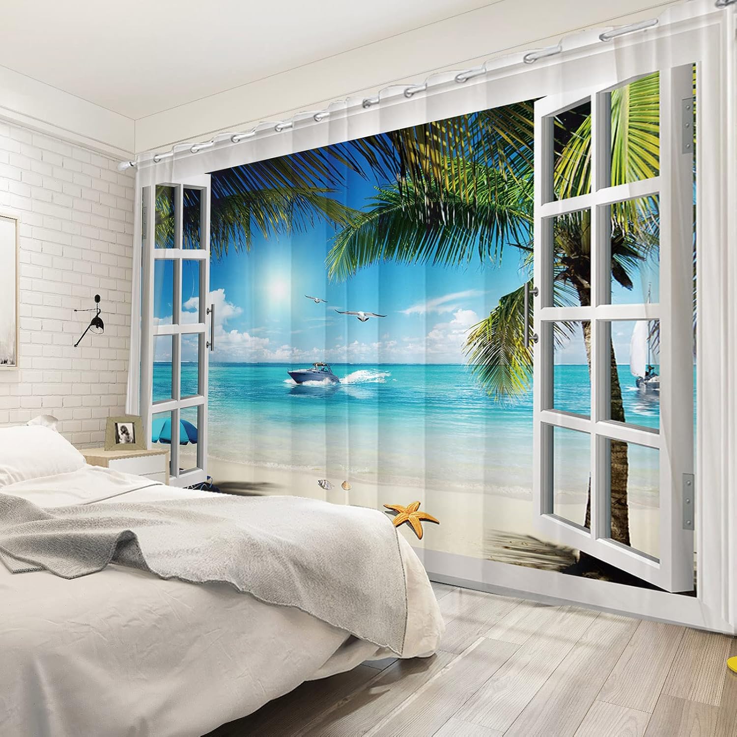 Summer Tropical Seaside Window Curtains Ocean Beach Surfing Coconut Palm Trees Blackout Curtain for Man Woman Bedroom Living Room Decoration Window Drapes 2 Panels Set 26x63 Inches