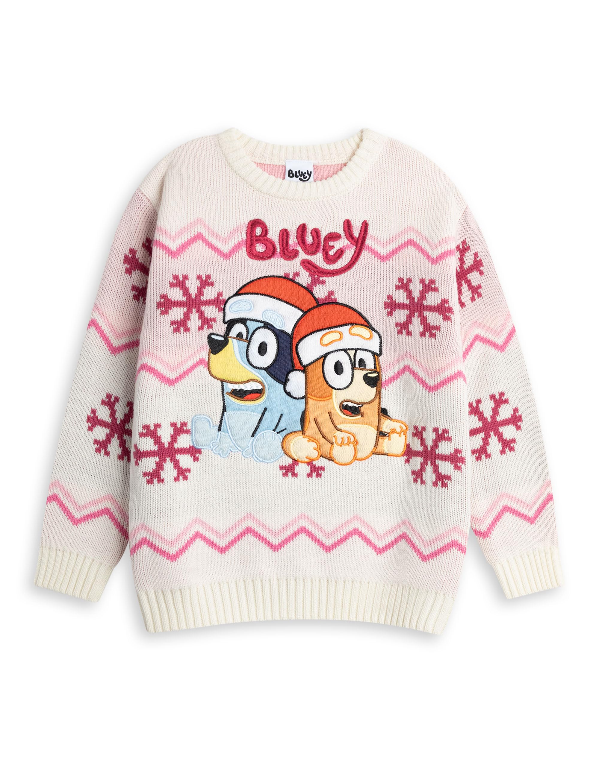 Bluey Girls Beige Bingo Cream Pink Christmas Jumper | Long Sleeve Crew Neck Winter Wear | Cartoon Character Knitwear For Festive Season Merch - 6-7 Years