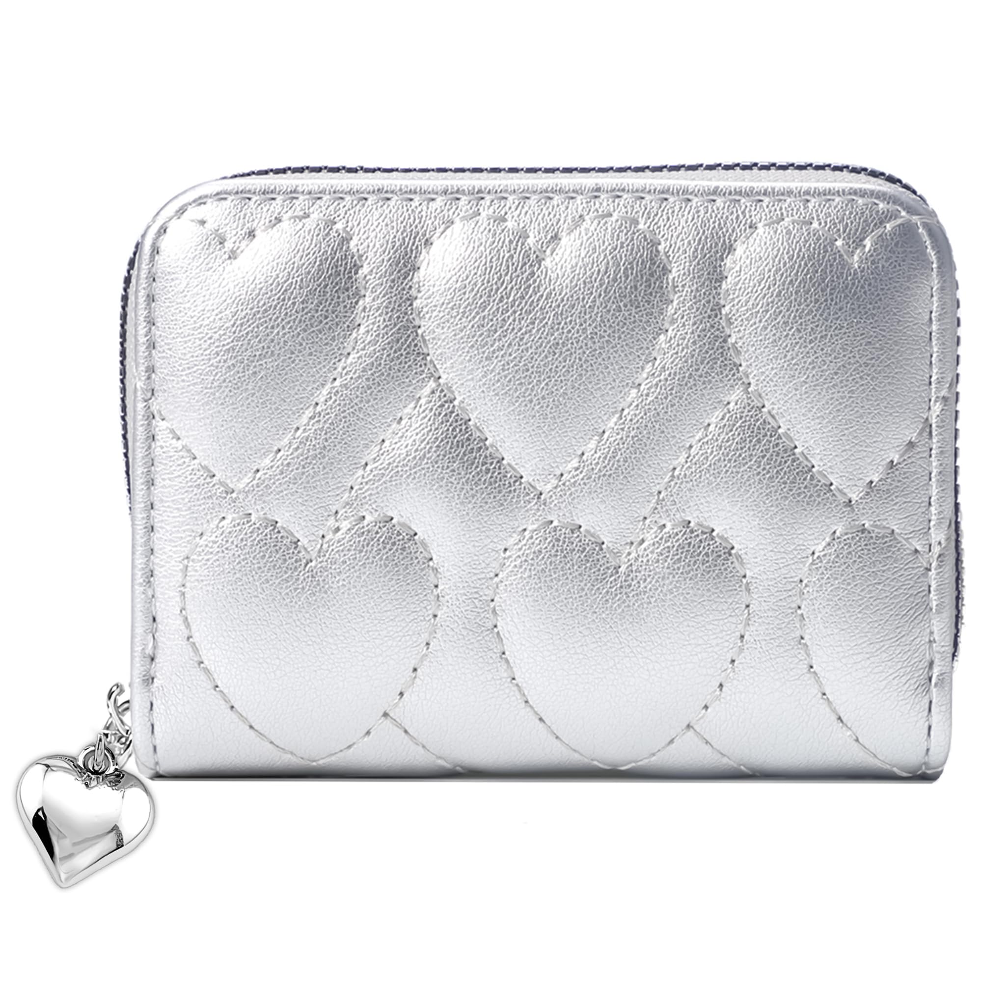 Sminra Credit Card Holder Small Wallet for women, Cute Heart Leather Card Case Wallet with Zipper Gift (04-Silvery)