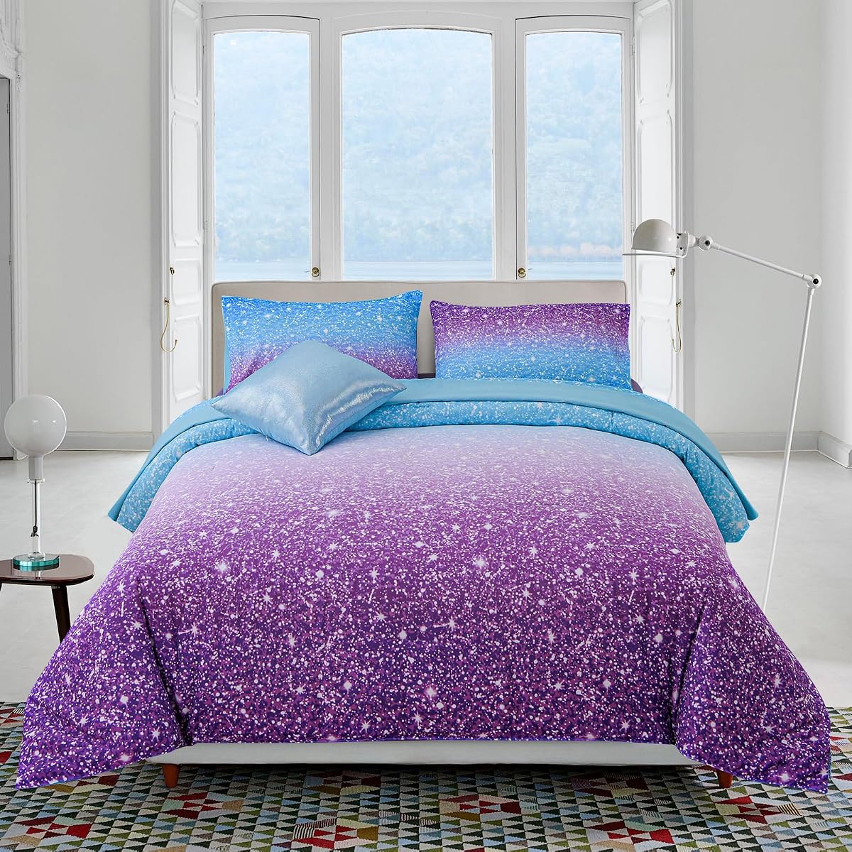 A Nice Night Blue Galaxy Sparkle Comforter Set 6Pc Kids Full Bedding | Colorful Rainbow Galaxy Bedding Set,Bed In A Bag With Sheet Sets,Ultra Soft,Machine Washable,For Boys Girls Teen,All Seasons